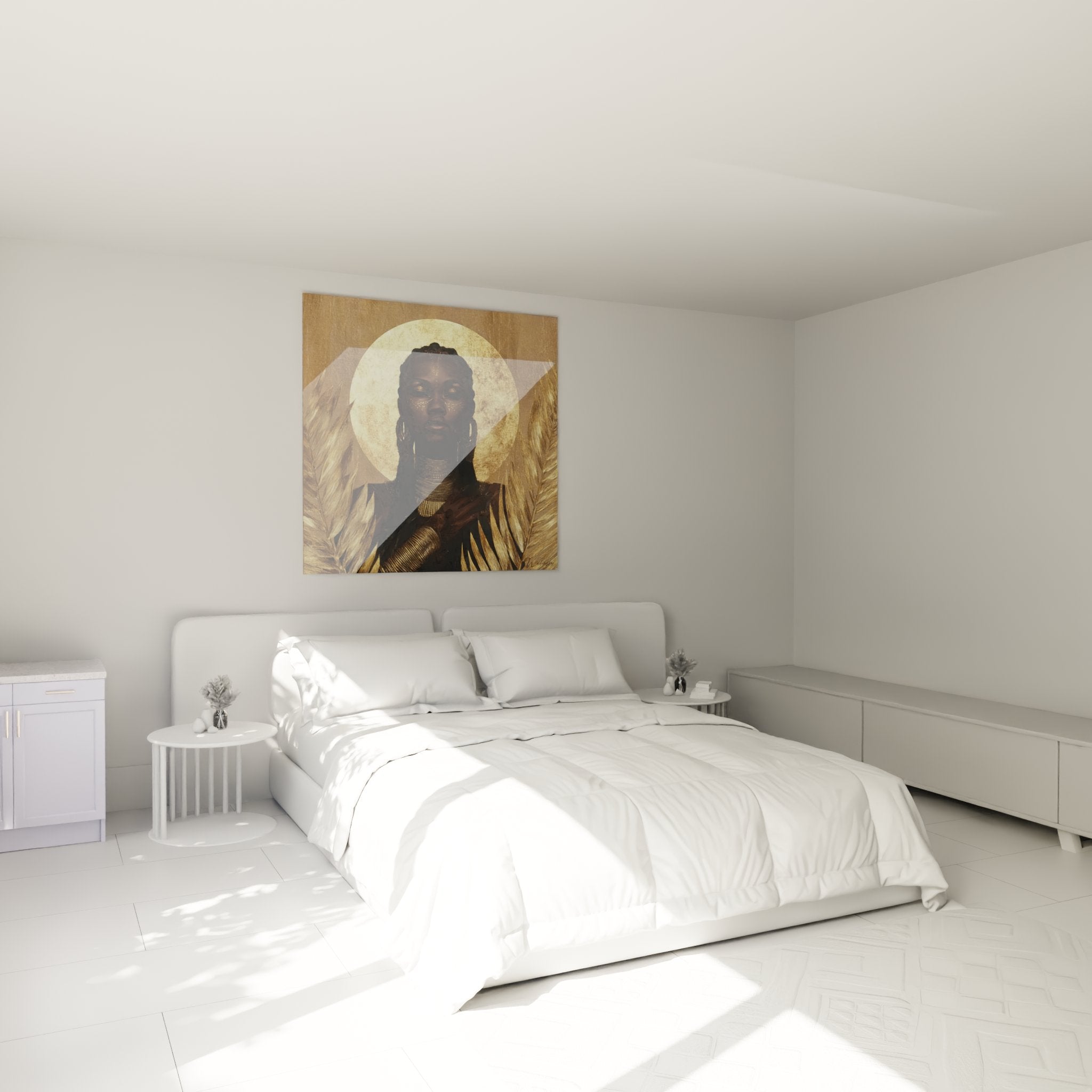 Schlafzimmer Dekoration mit majestätischem Wandbild einer goldenen afrikanischen Göttin