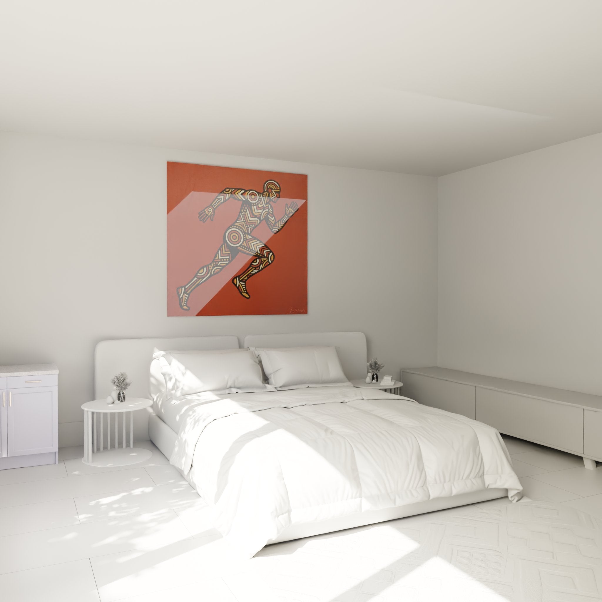 Läufer-Wandbild mit ethnischen Mustern als moderne Wanddekoration im Schlafzimmer-Ambiente