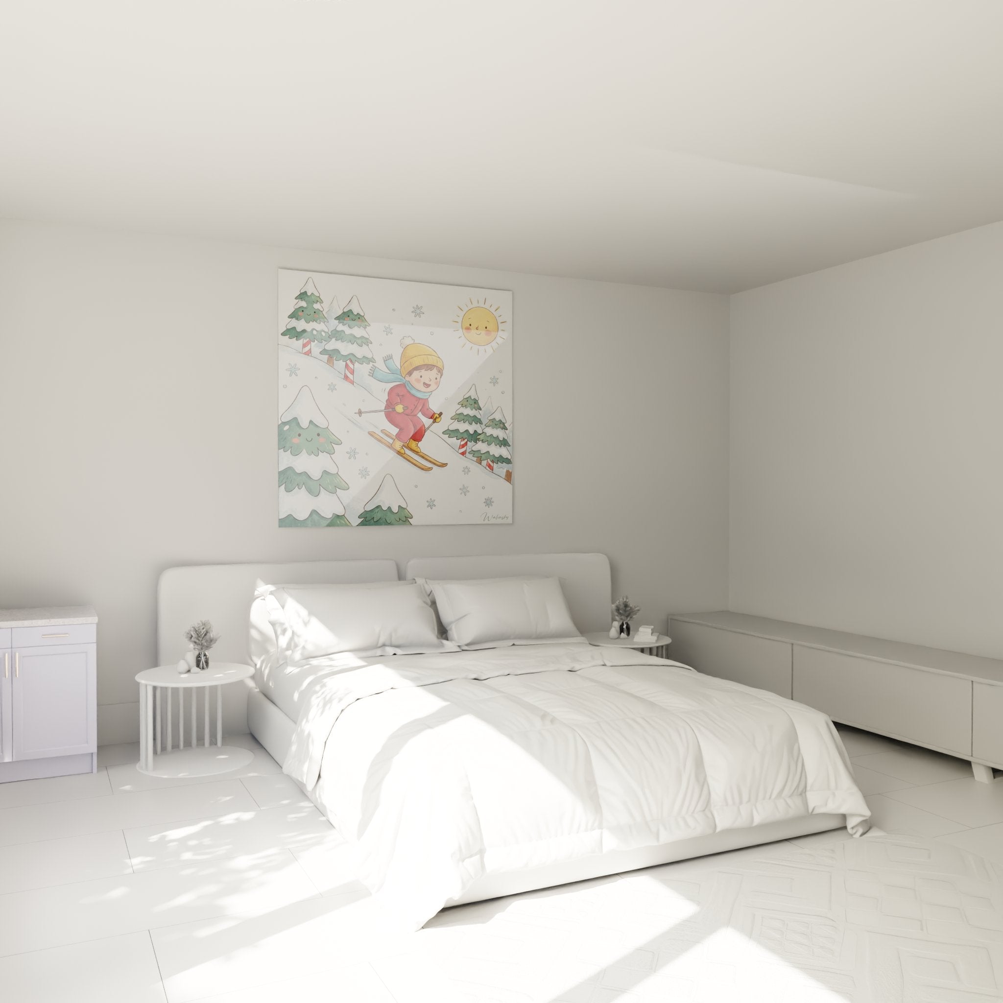 Kinderzimmer Dekoration mit Wandbild vom fröhlichen Skifahrer in winterlicher Berglandschaft