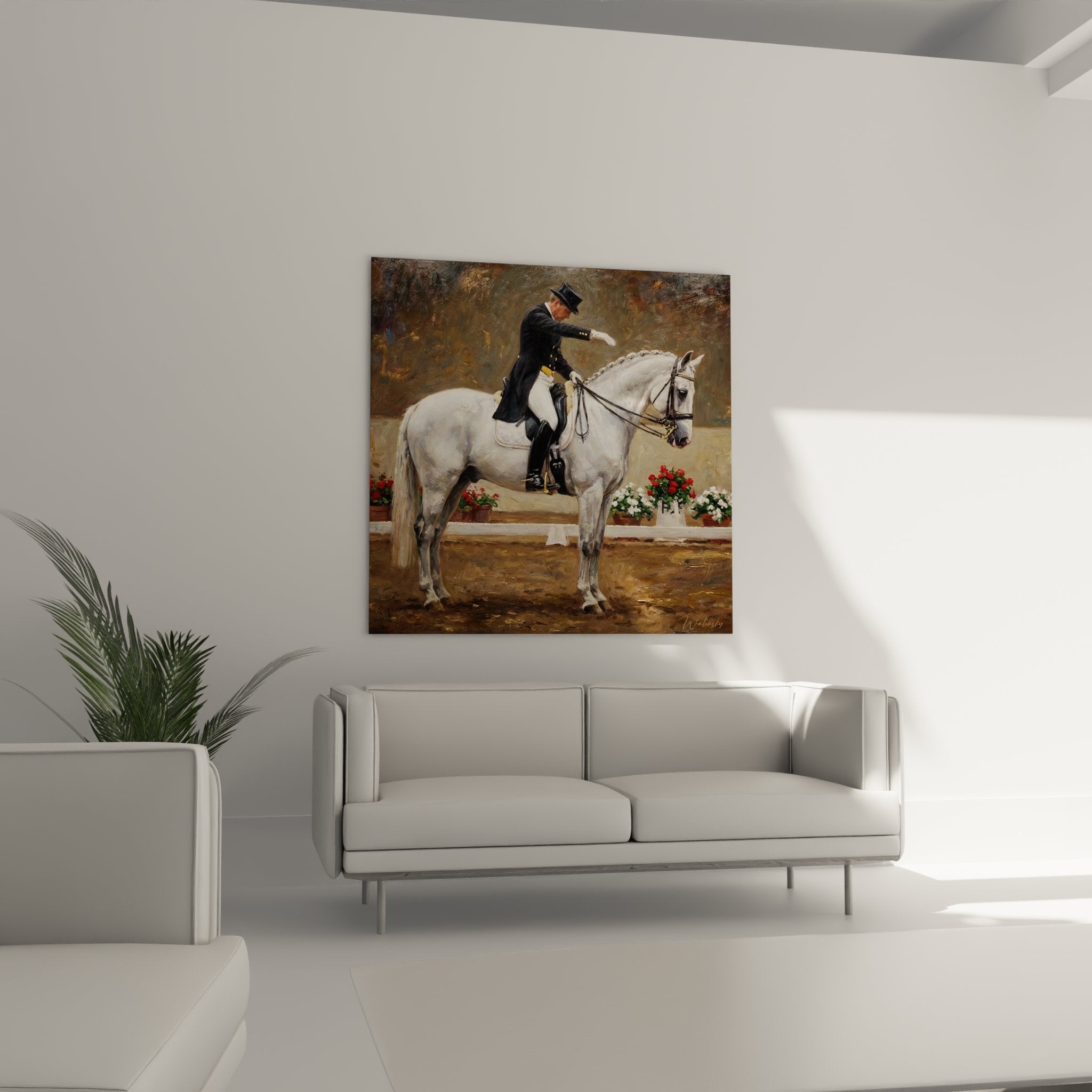 Detailaufnahme des Dressurreiters mit traditioneller Ausrüstung und weißem Pferd