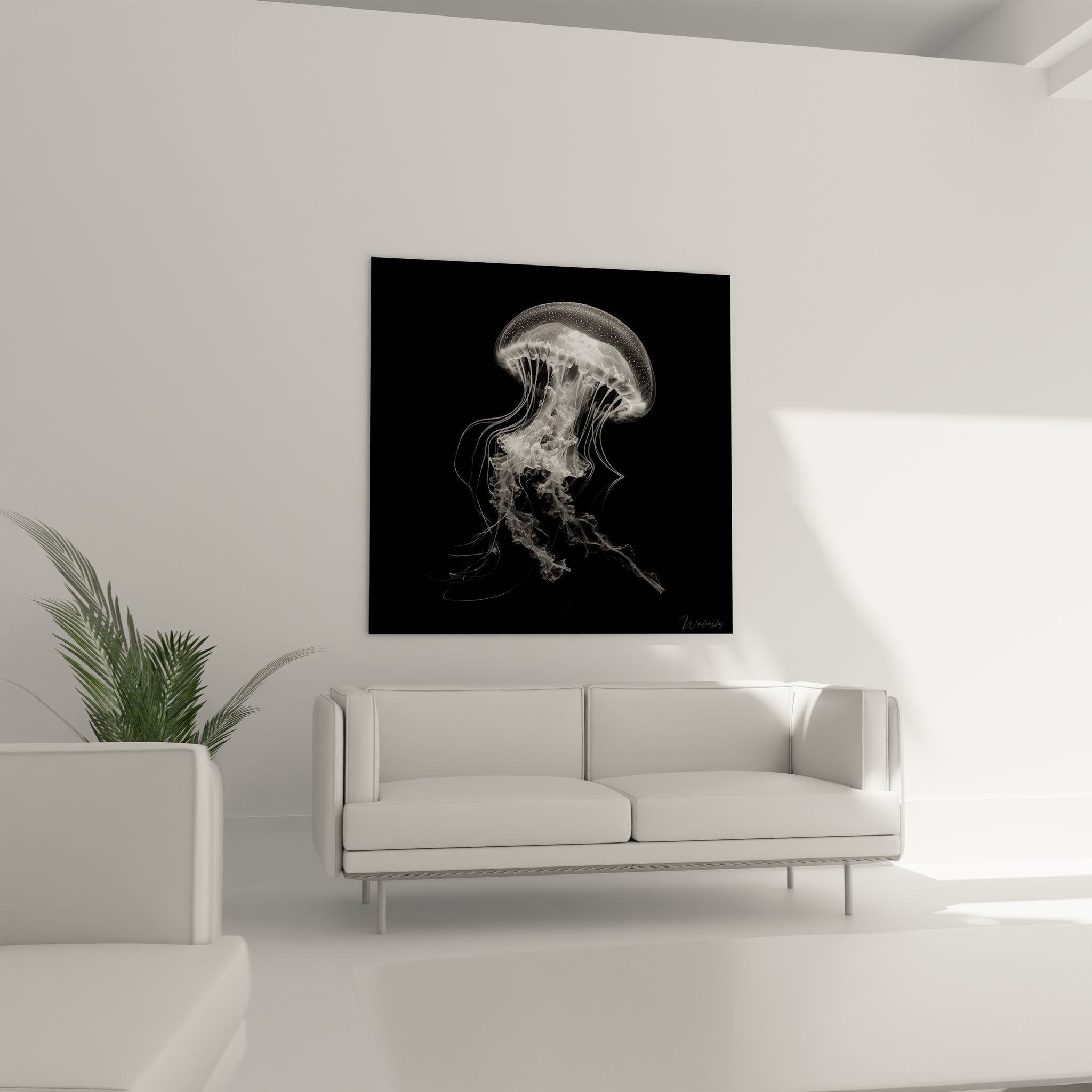 Detailaufnahme Qualle Wandbild zeigt filigrane Tentakel-Struktur in schwarz-weiß Fotografie