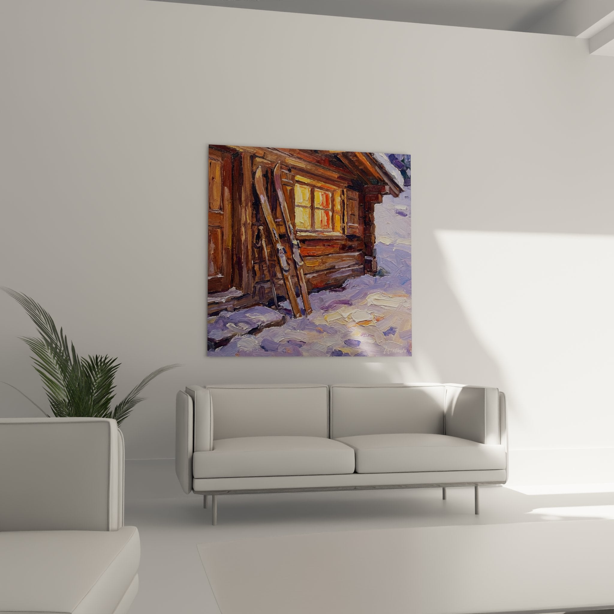 Detailaufnahme des Skihütten Wandbildes zeigt die warmen Fensterlichter und rustikalen Holzdetails