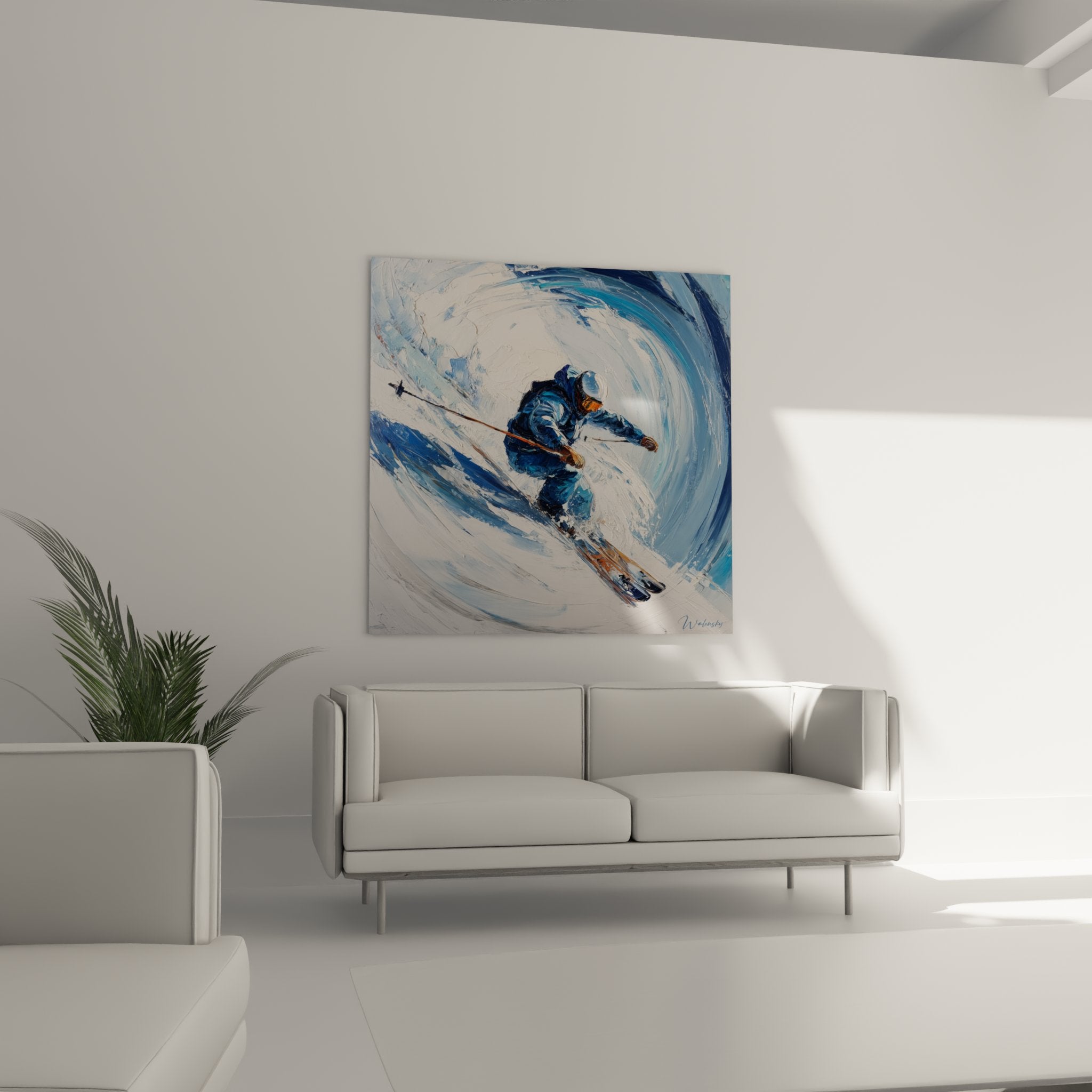 Detailansicht des Wandbildes zeigt expressive Pinselstriche und Farbkontraste beim Skifahrer-Motiv