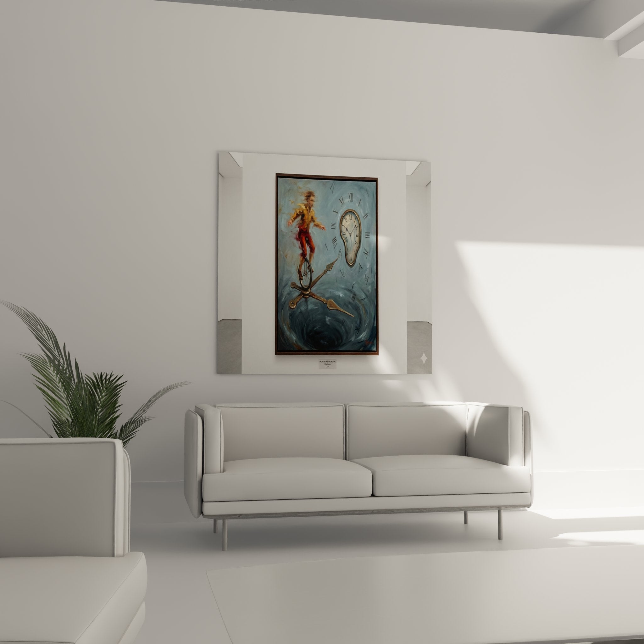 Nahaufnahme der surrealen schmelzenden Uhr mit römischen Ziffern aus dem Einradfahrer Kunstwerk