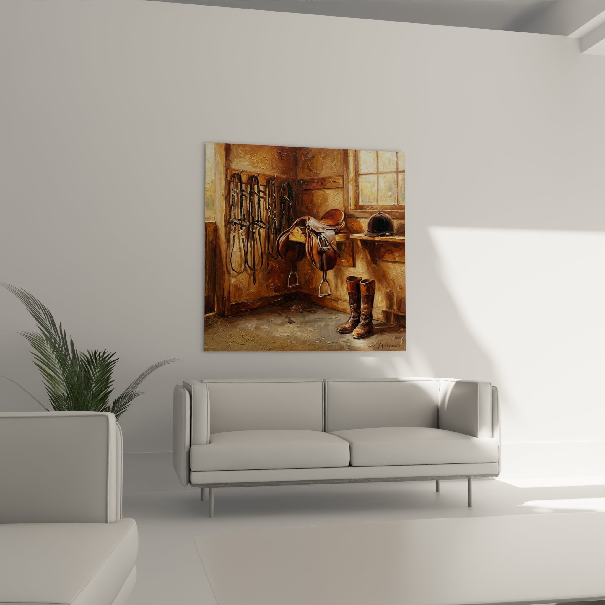 Nahaufnahme des Wandbildes zeigt Details von Reitsattel und Trensen in der Sattelkammer