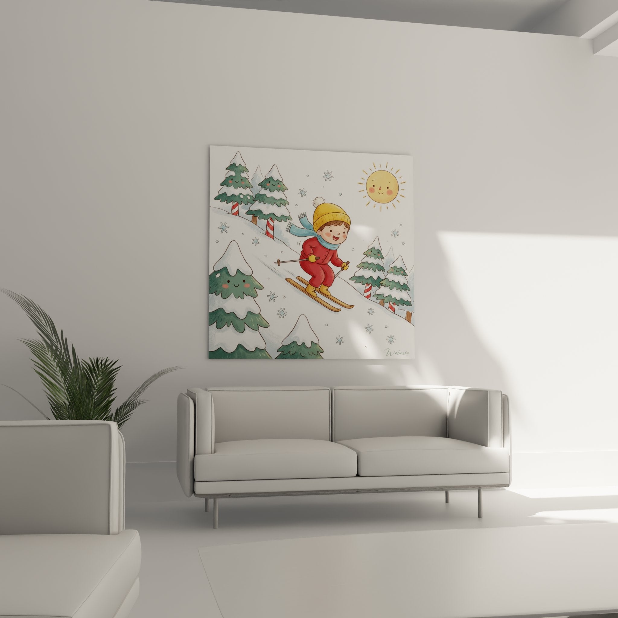 Nahaufnahme des Wandbildes mit Kind in rotem Skianzug und gelber Mütze beim Skifahren