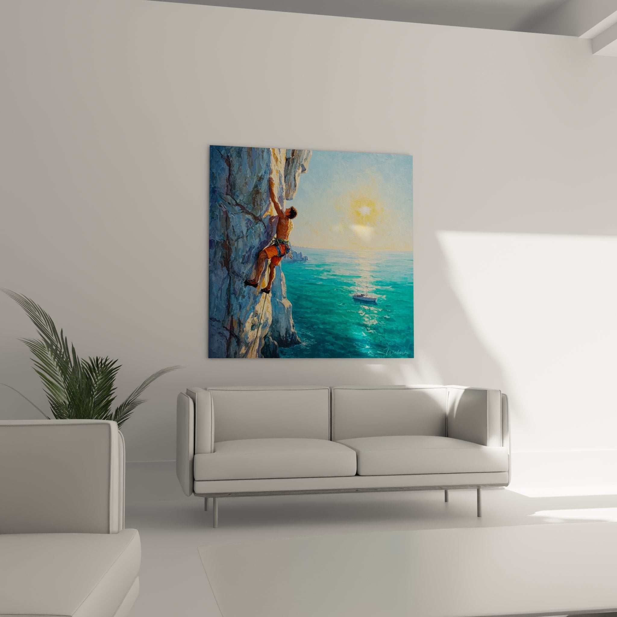 Detailansicht Wandbild Kletterer: Sportler mit Kletterausrüstung an sonnenbeschienener Felswand