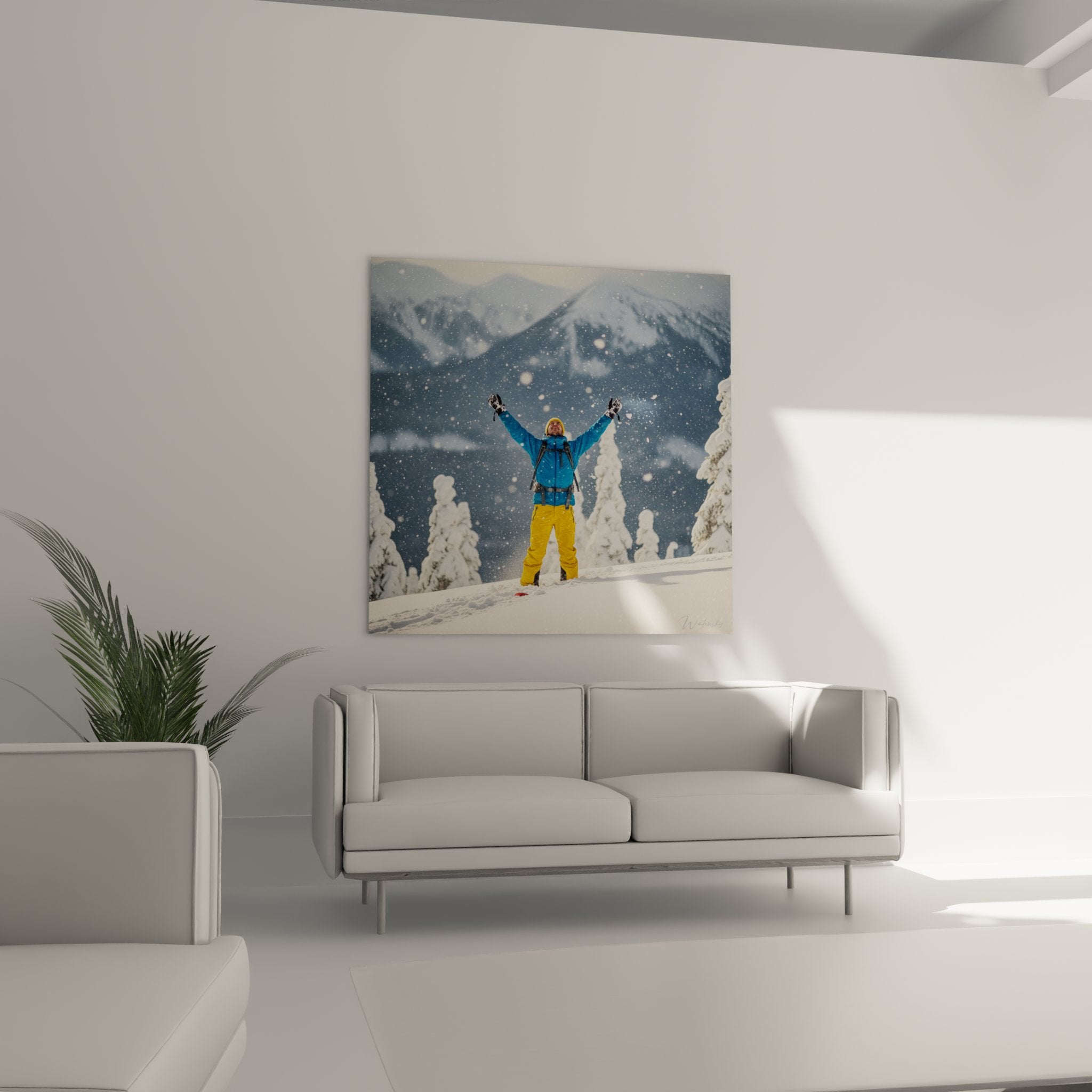 Detailansicht des Wandbildes zeigt Skifahrer mit Skistöcken vor verschneiten Tannen und Bergen