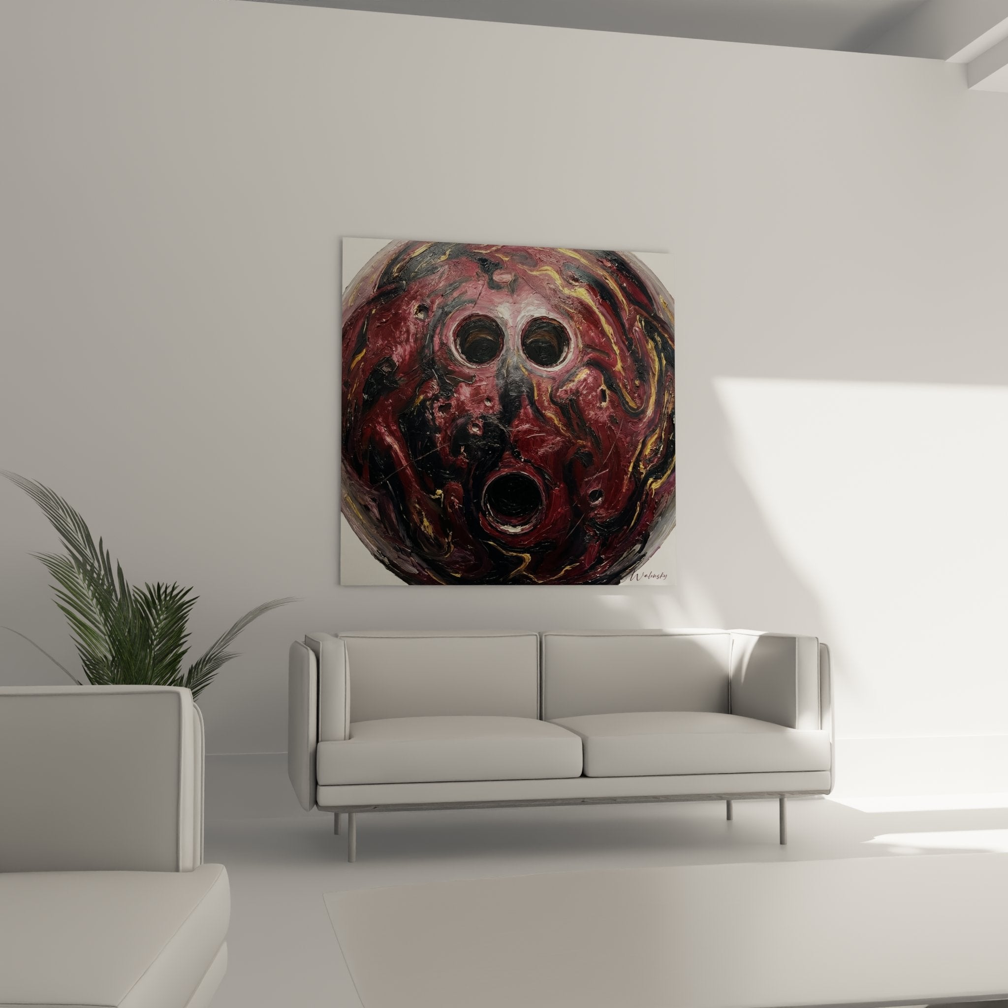 Nahaufnahme des abstrakten Gesichtsausdrucks mit intensiven Pinselstrichen und leuchtenden Augen