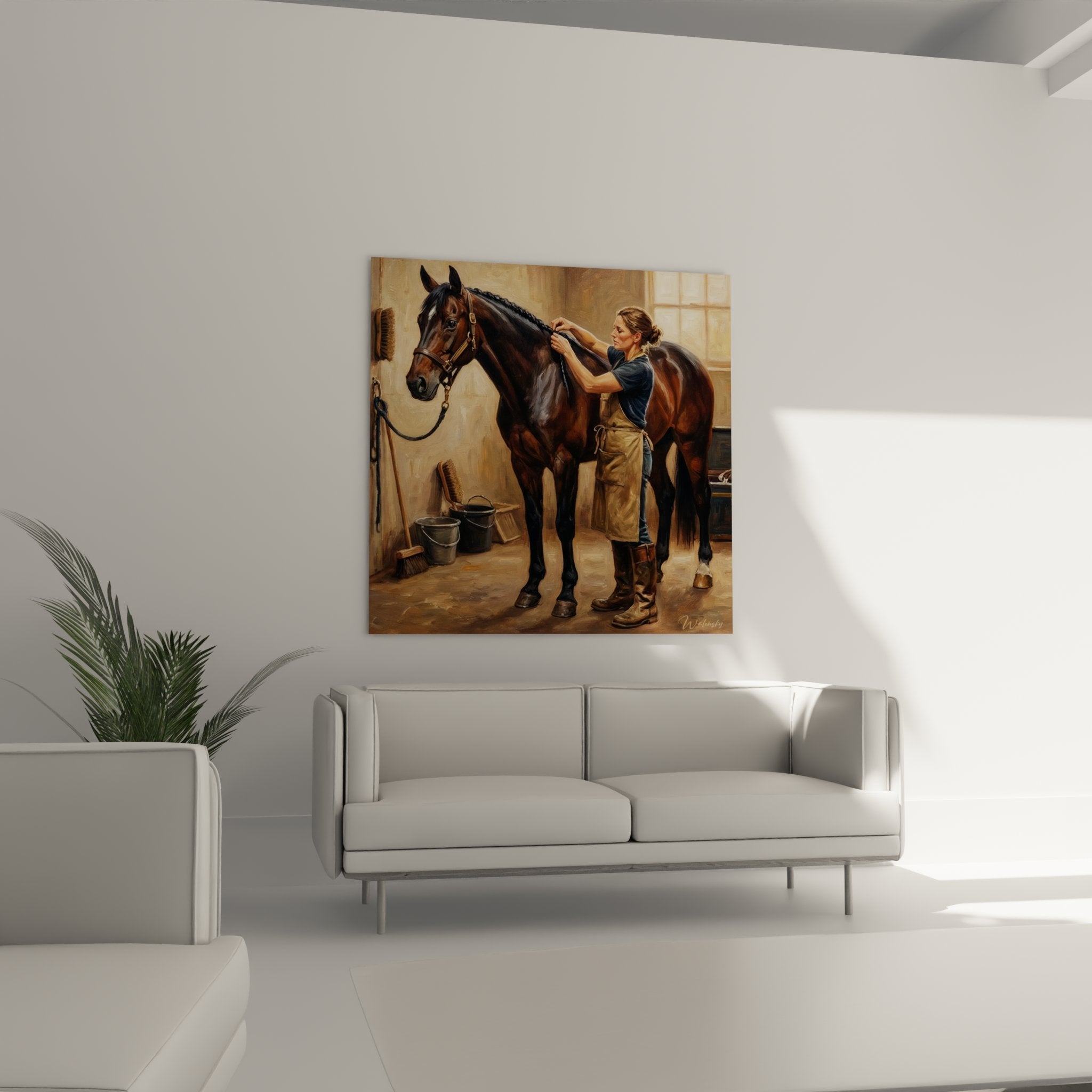 Nahaufnahme der liebevollen Pferdepflege mit detailreicher Darstellung von Mähne und Händen