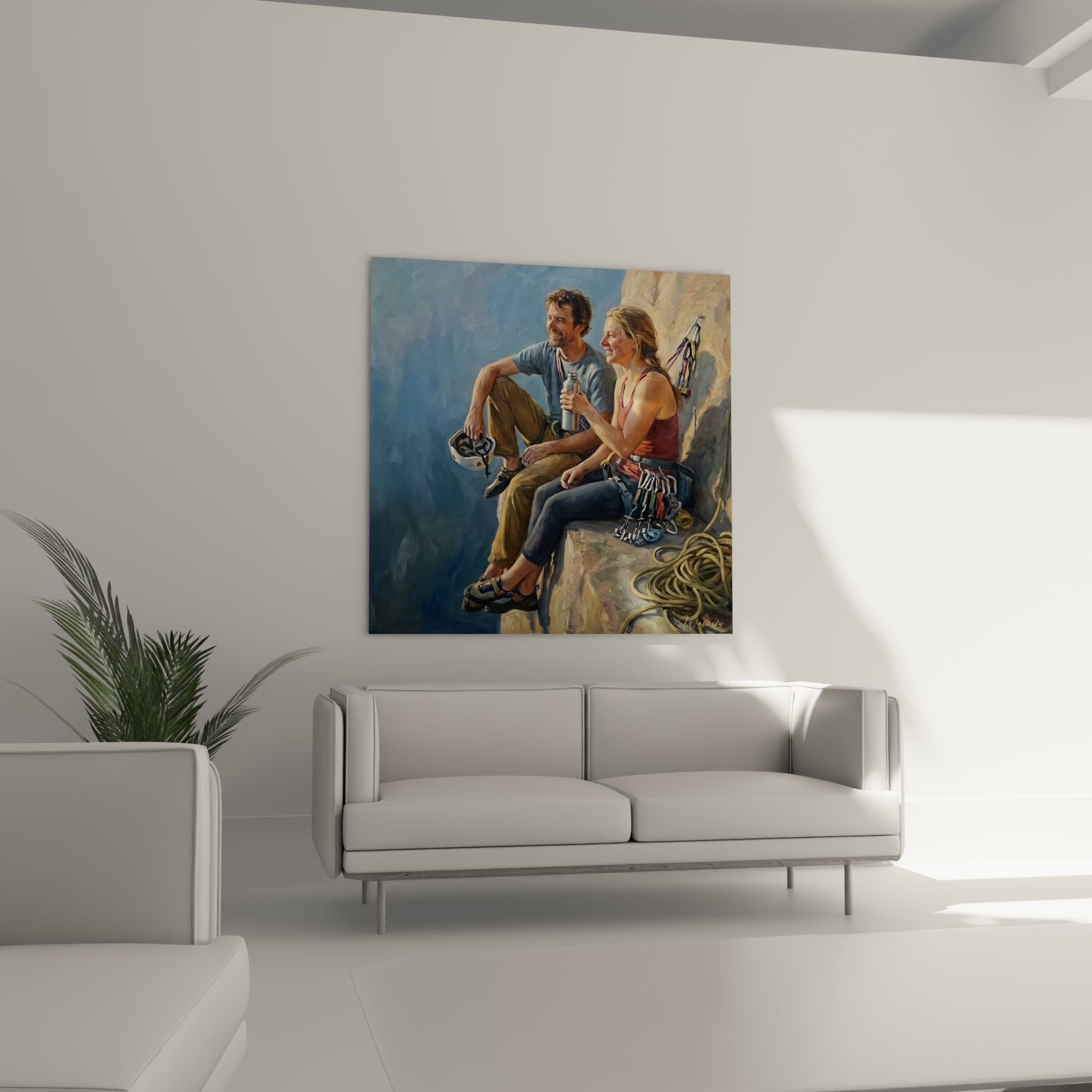 Nahaufnahme des Klettergemäldes mit Details der Ausrüstung und authentischen Kletterszene