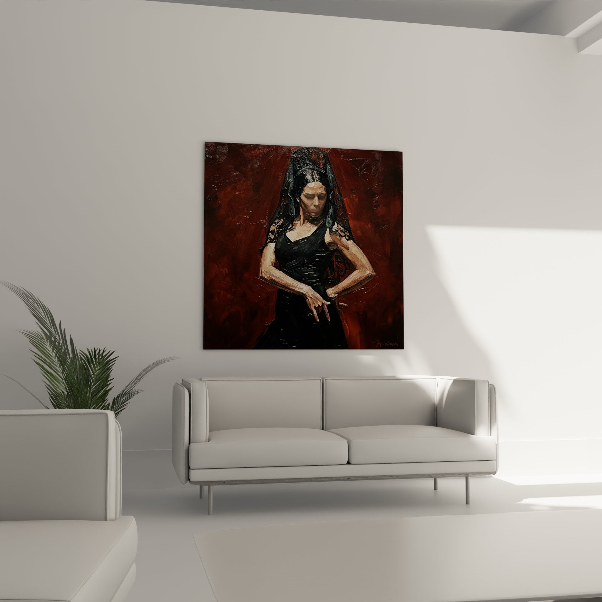 Nahaufnahme der Flamenco-Tänzerin Wandbild-Details mit expressiven Pinselstrichen und intensiver Mimik