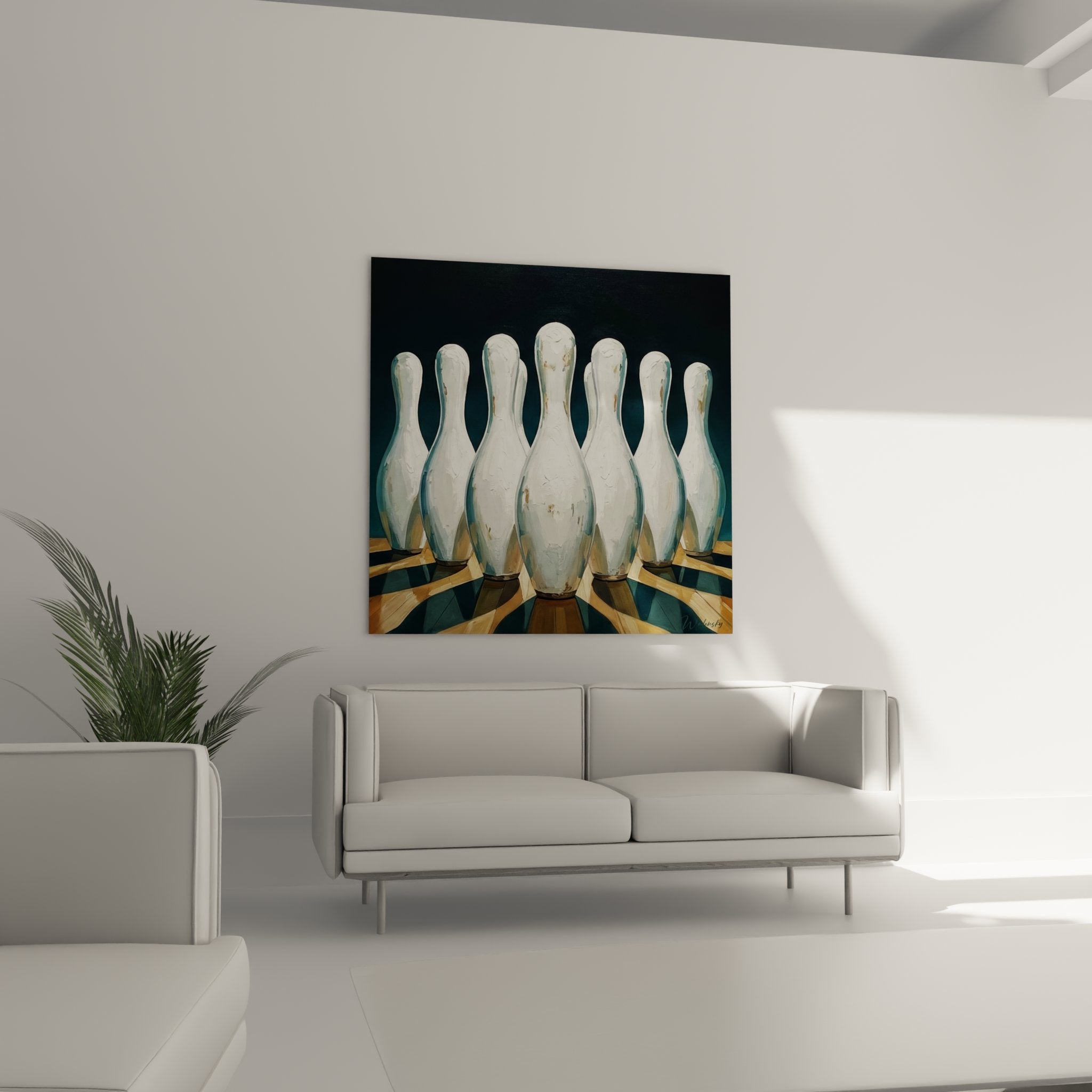 Detailaufnahme der weißen Bowling-Kegel mit realistischen Gebrauchsspuren auf der Kunstleinwand