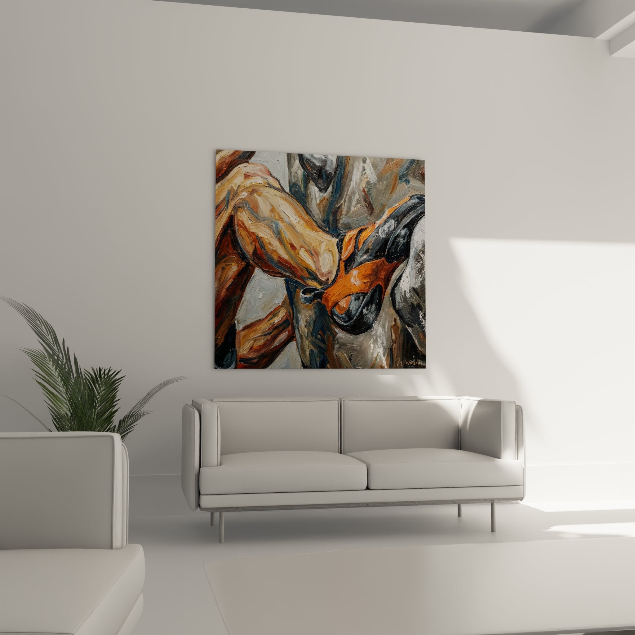 Nahaufnahme abstraktes Bergbild zeigt expressive Pinselstriche und Textur in Ocker und Orange