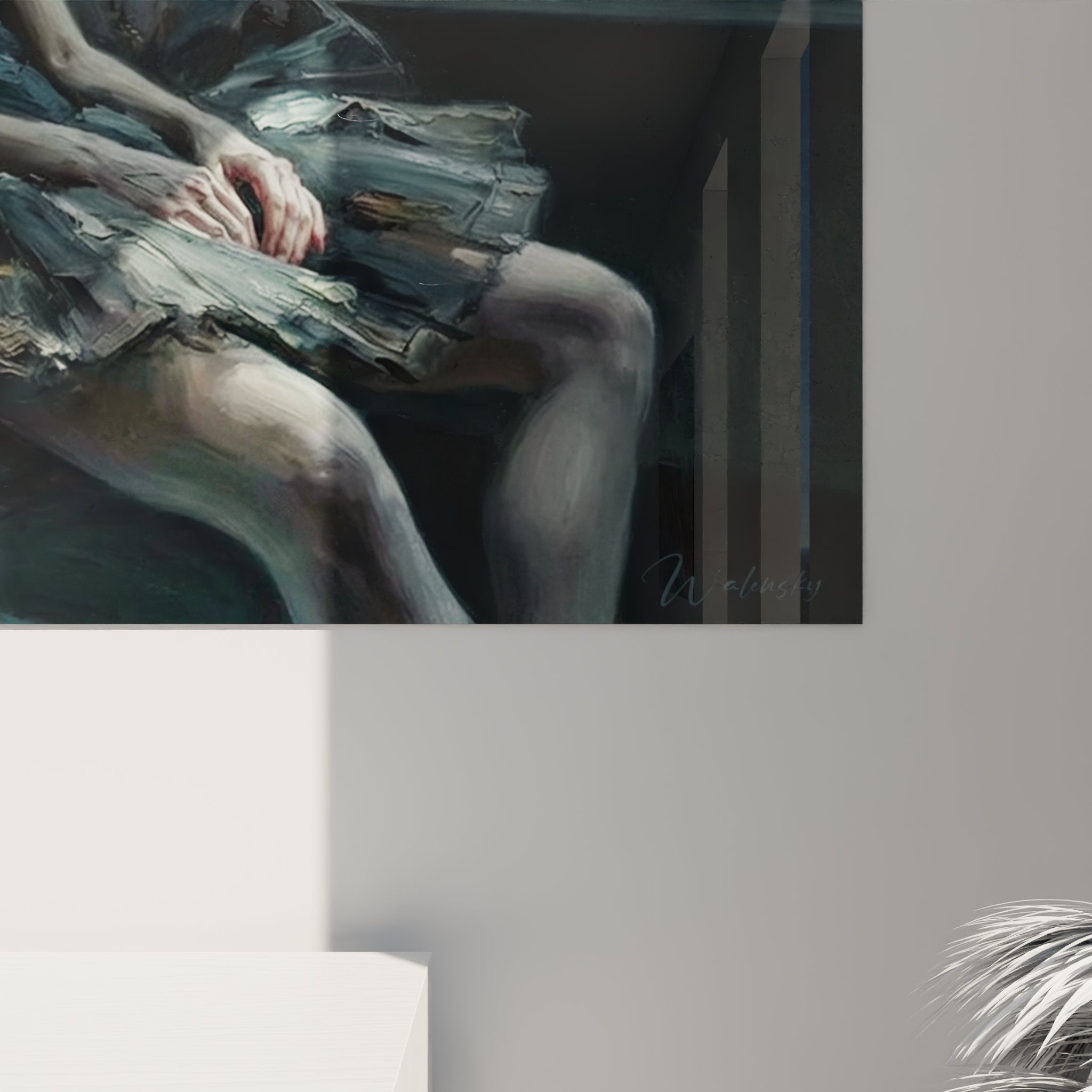 Gesamtansicht des Ballerina Wandbildes mit Umkleidekabinen-Szenerie, kühle Farbgebung in Blau und Grau