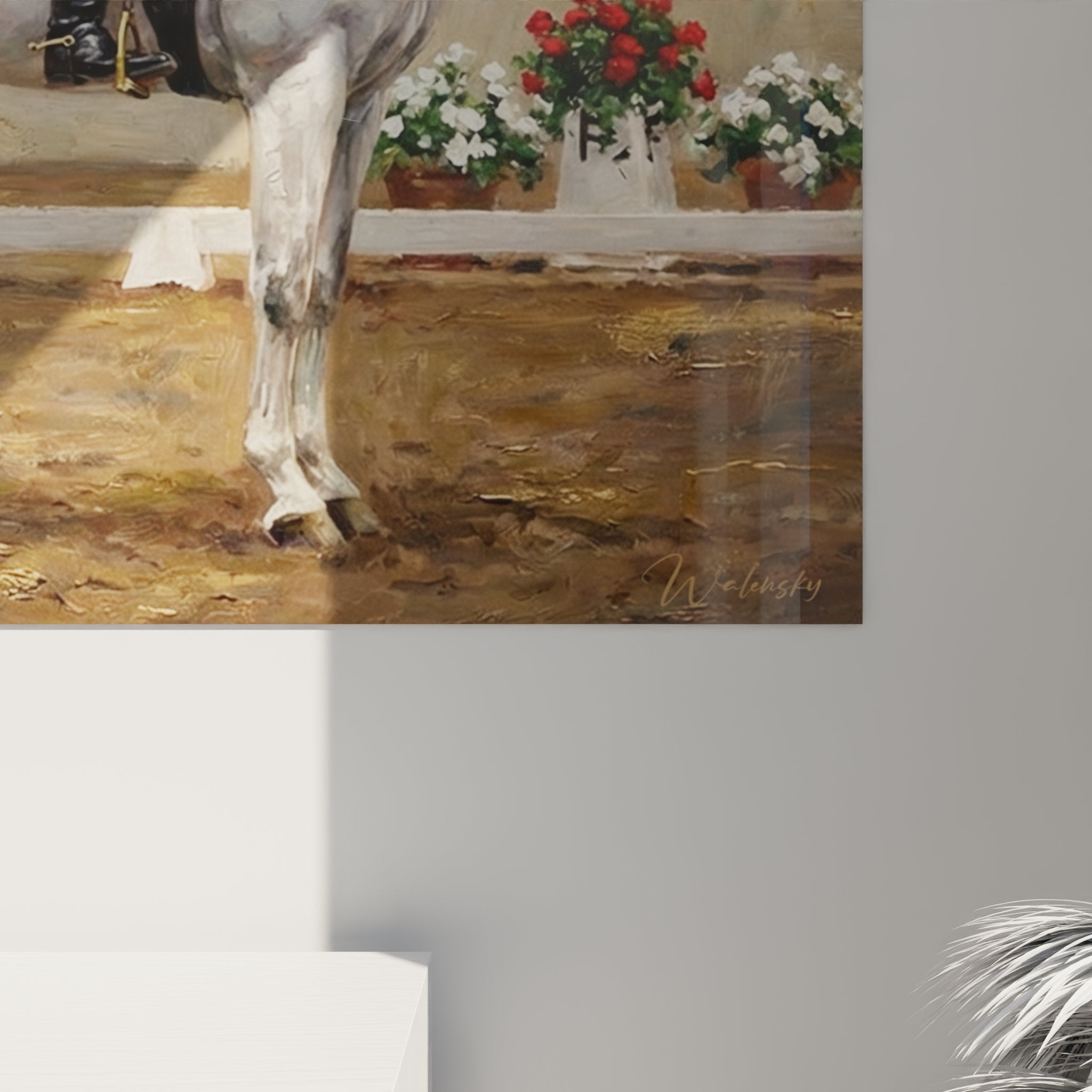 Gesamtansicht des Wandbildes Dressurreiter in klassischer Reithalle mit Fenstern