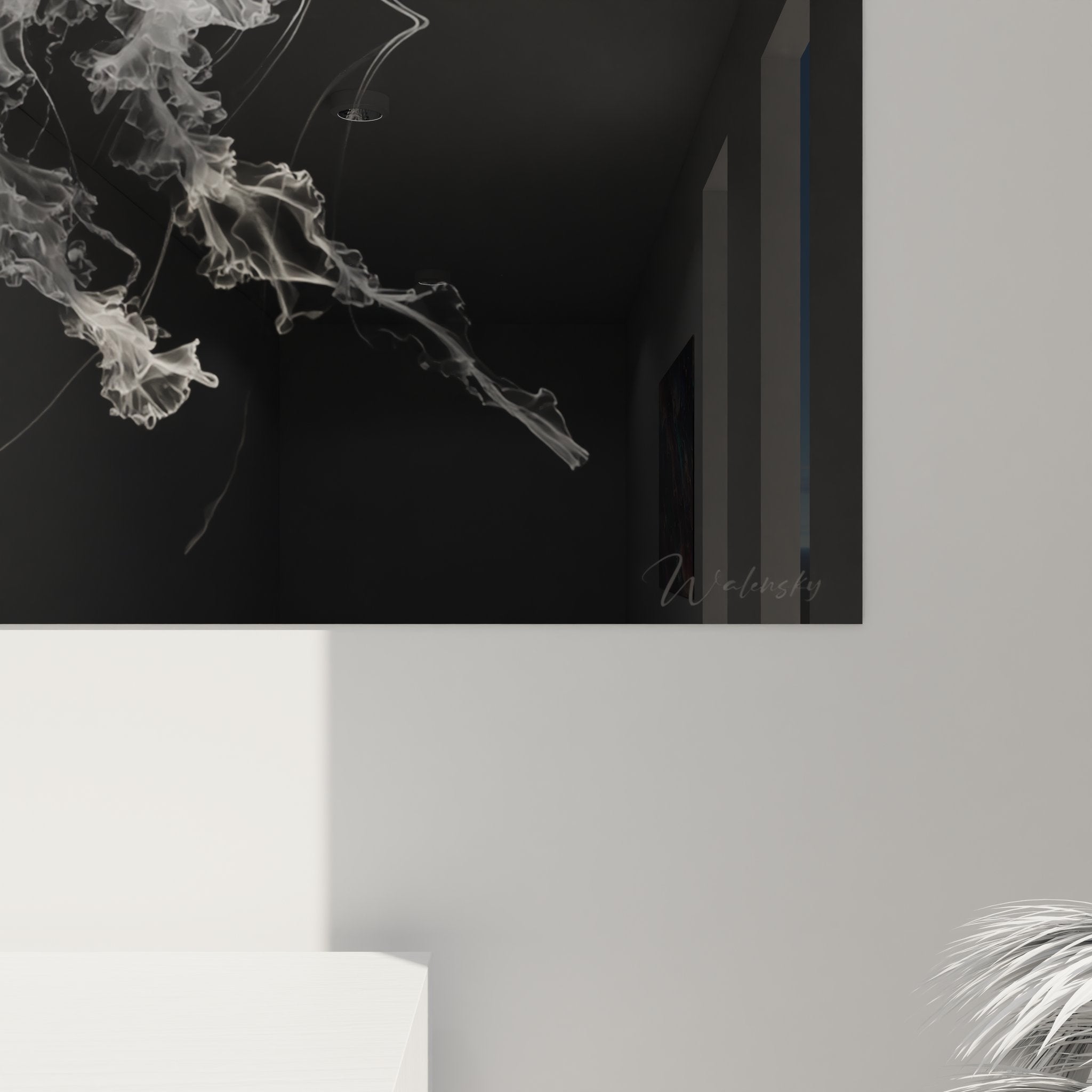 Komplette Ansicht des Qualle Wandbildes schwarz-weiß für maritime Raumgestaltung