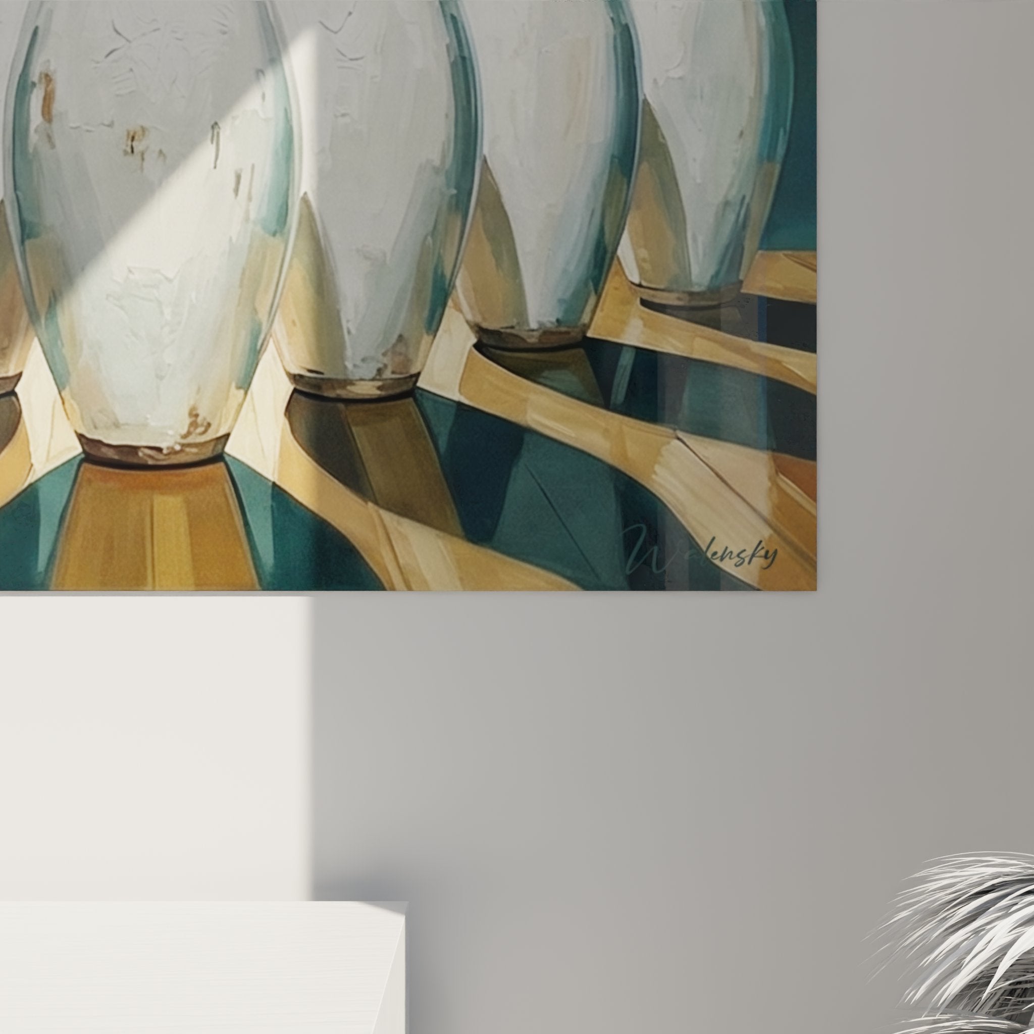 Gesamtansicht des Bowling Kegel Wandbildes mit perspektivischer Darstellung der Holzbahn