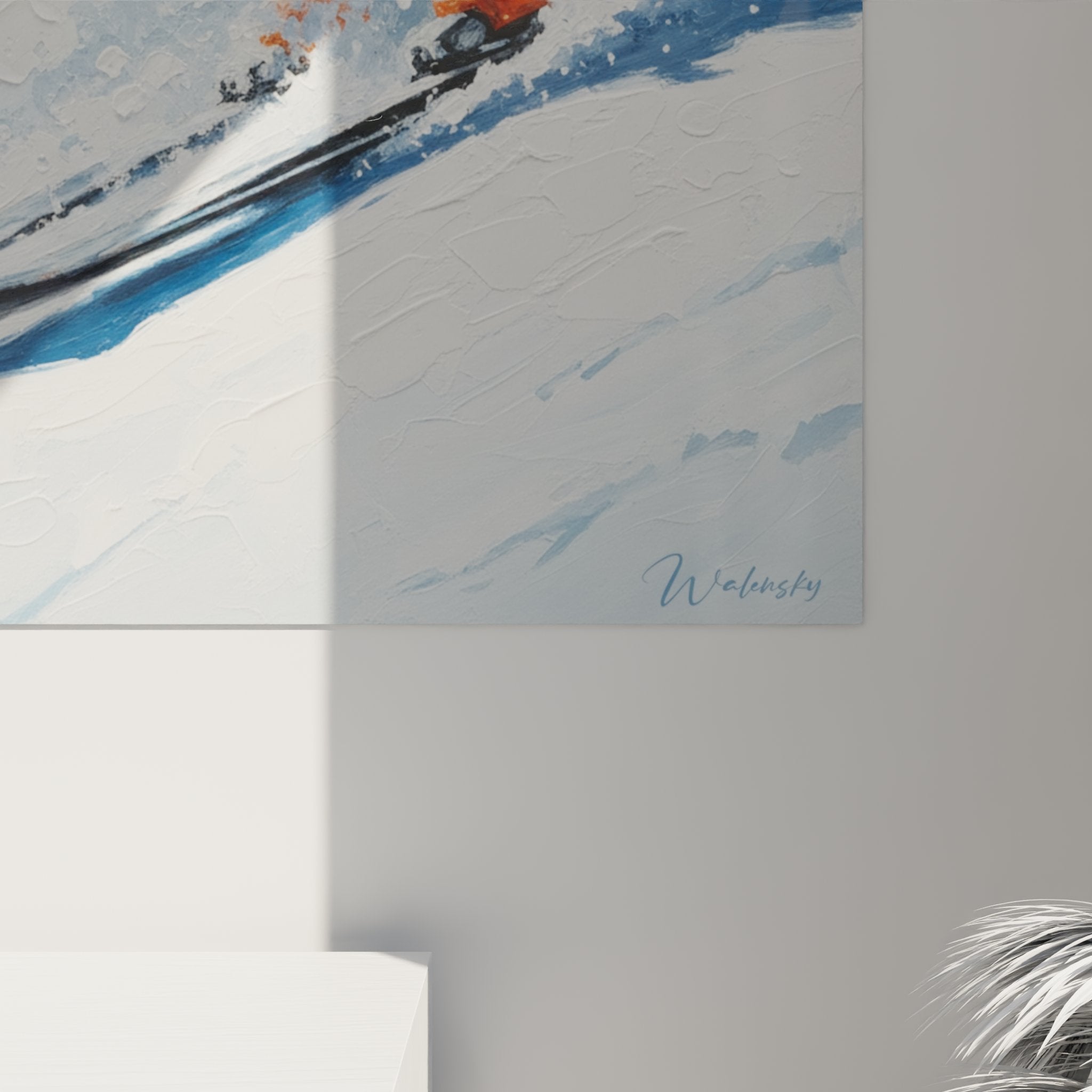 Gesamtansicht des Skifahrer im Tiefschnee Wandbildes mit dynamischer Bewegung und Schneewolke