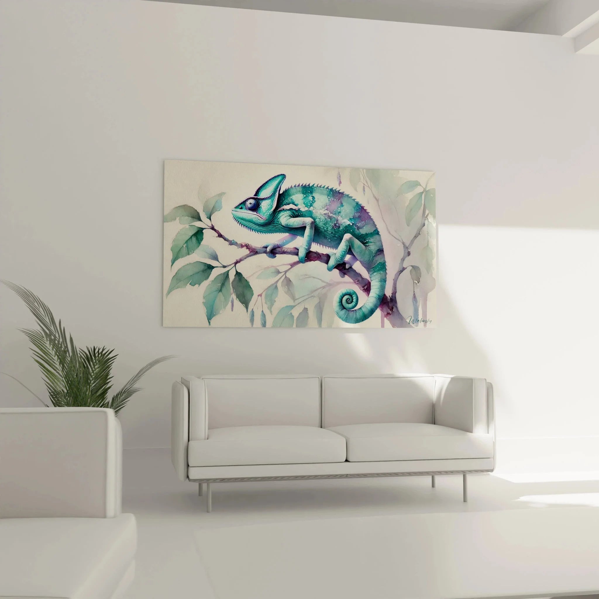 Detailaufnahme Chamäleon Aquarell Wandbild mit charakteristischem Kopf und spiralförmigem Schwanz