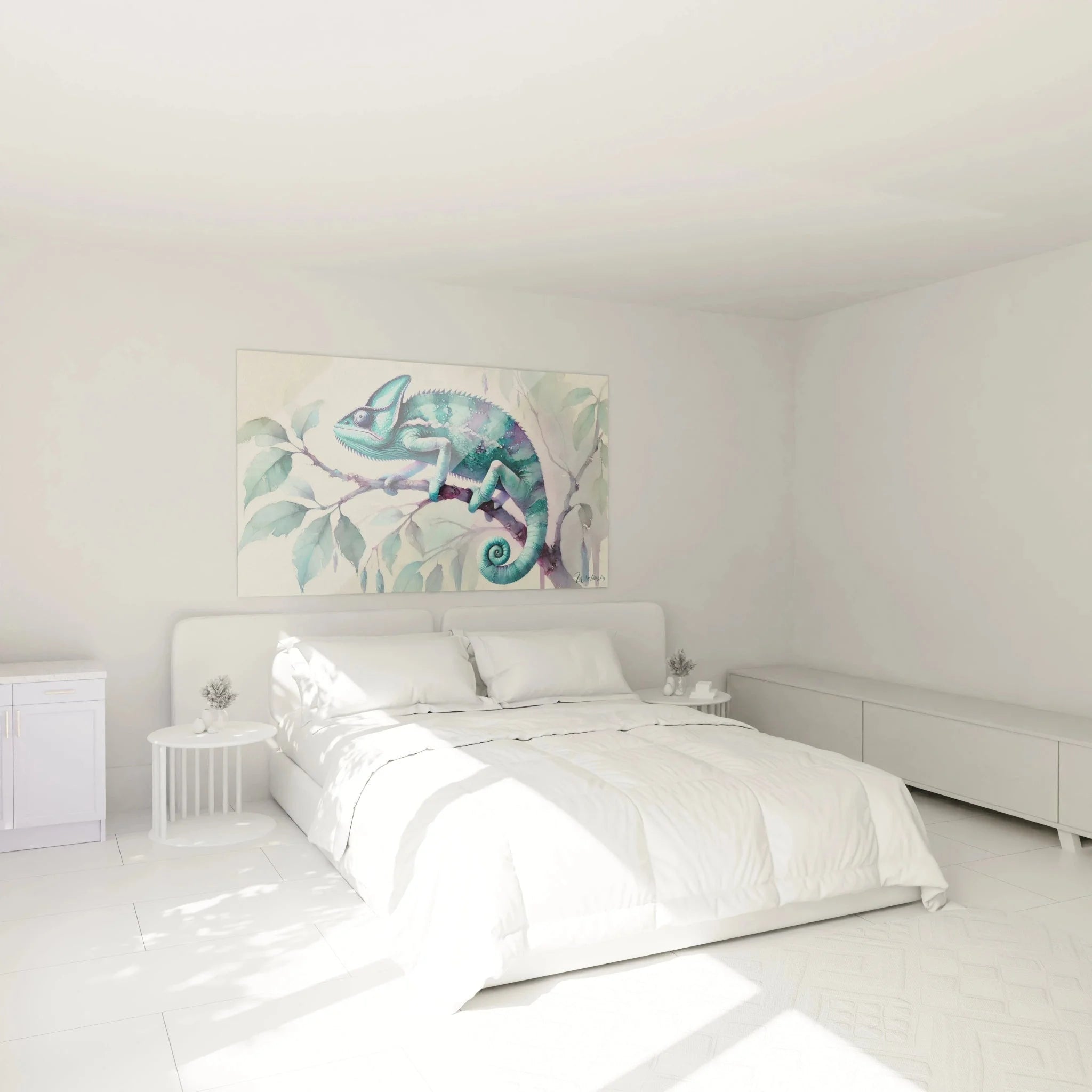 Chamäleon Wandbild in modernem Schlafzimmer als stilvolle Wanddekoration in Aquarellfarben
