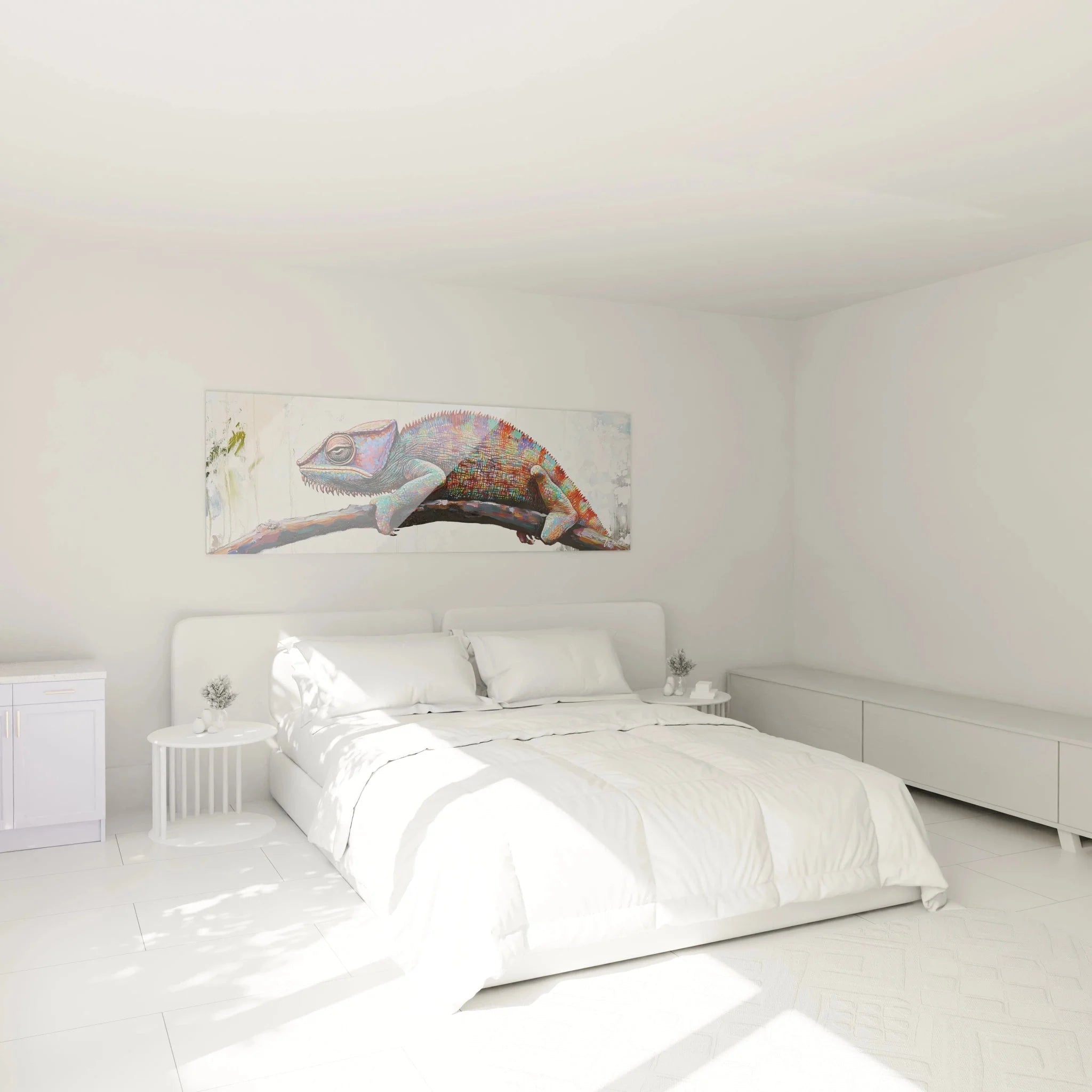 Chamäleon Wandbild XXL in modernem Schlafzimmer, farbenfrohe Wanddekoration über dem Bett