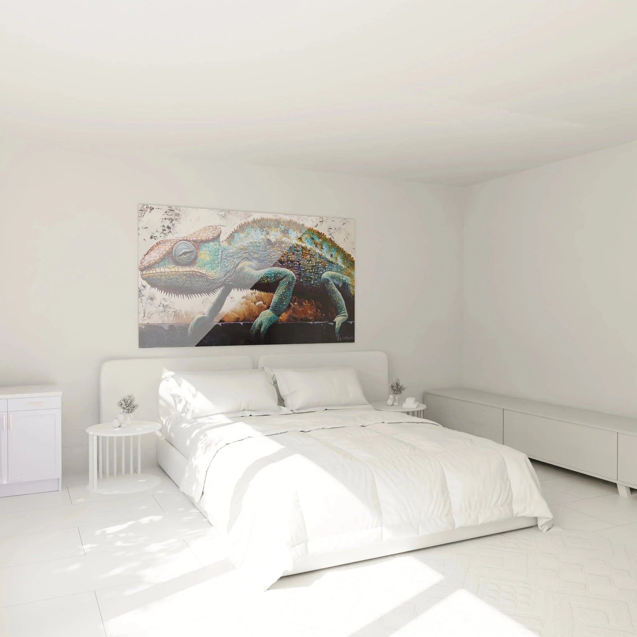 Chamäleon Wandbild im Schlafzimmer als moderne Wanddekoration mit brillanten Reptilien Farben