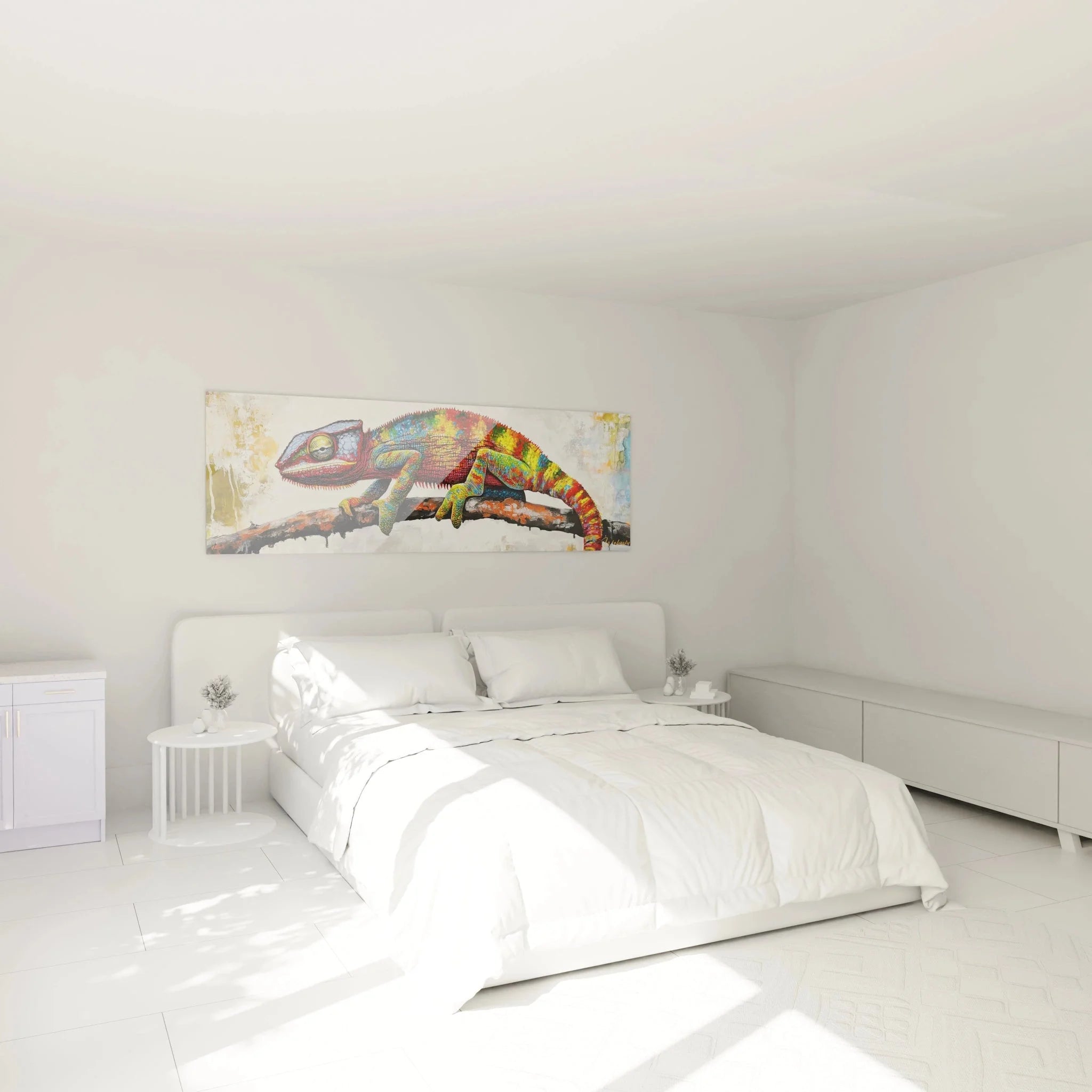Chamäleon Wandbild XXL im Schlafzimmer - farbenfrohe Wanddekoration als Raumgestaltung