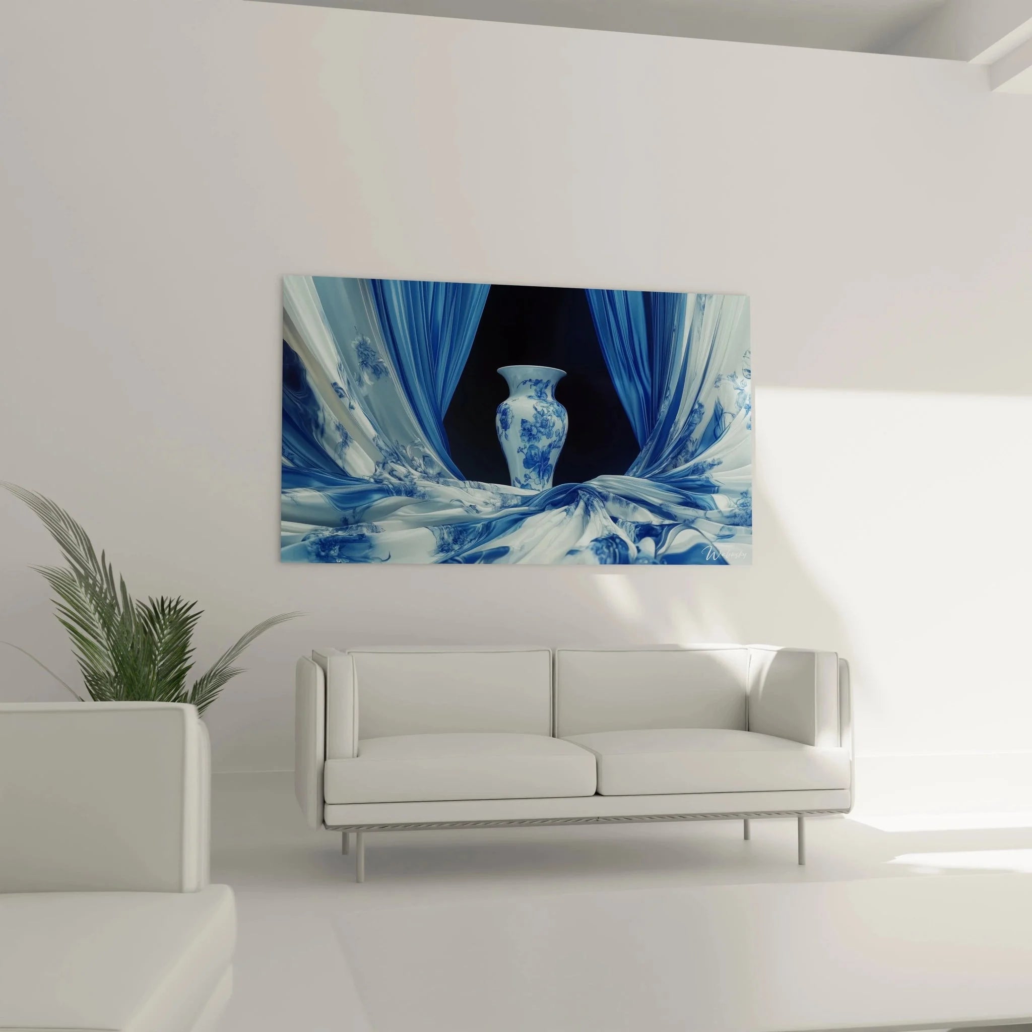 Detailaufnahme chinesische Porzellanvase mit blauen Blütenmotiven - Wandkunst XXL