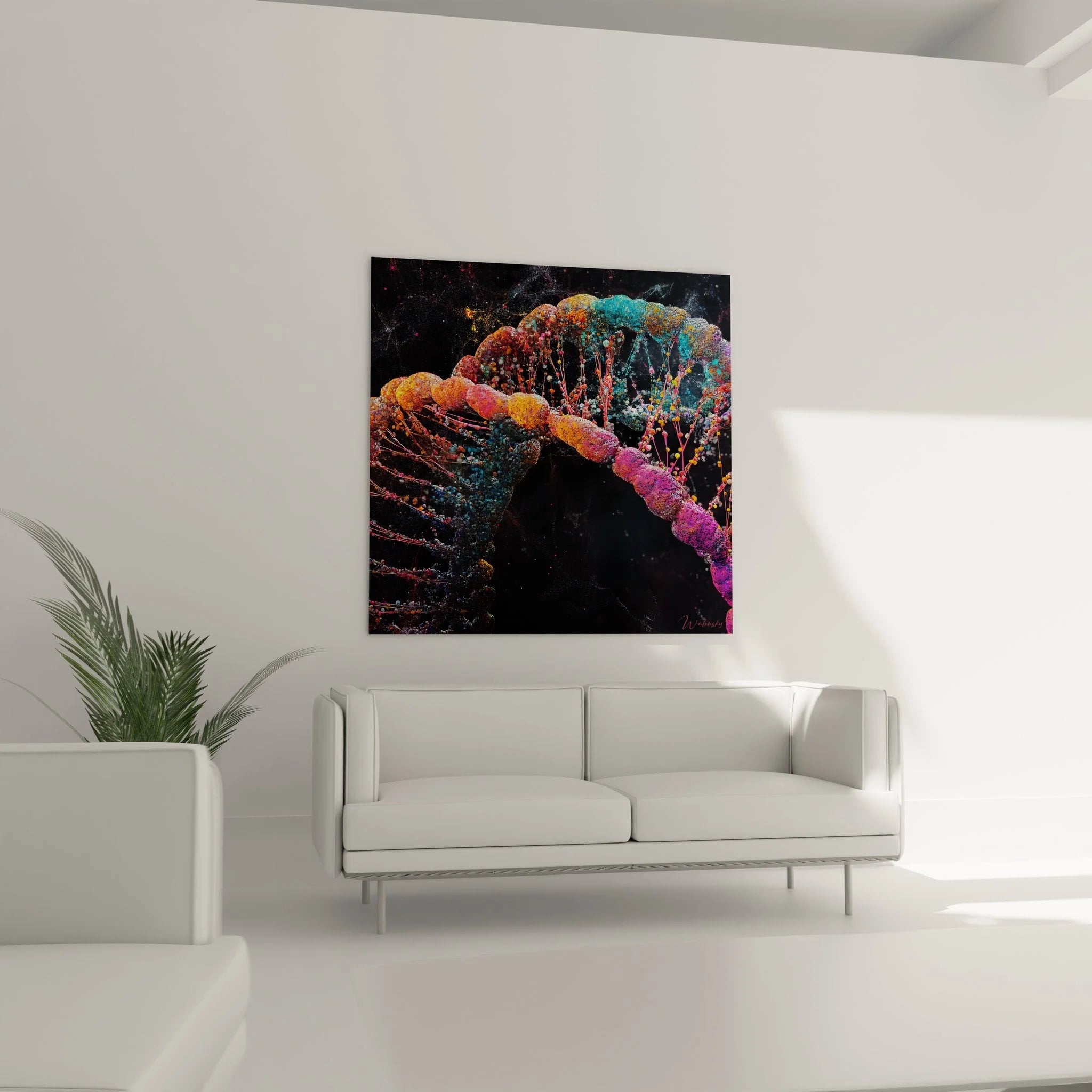 Detailaufnahme DNA Struktur Wandbild mit Nukleotiden in bunten Neonfarben