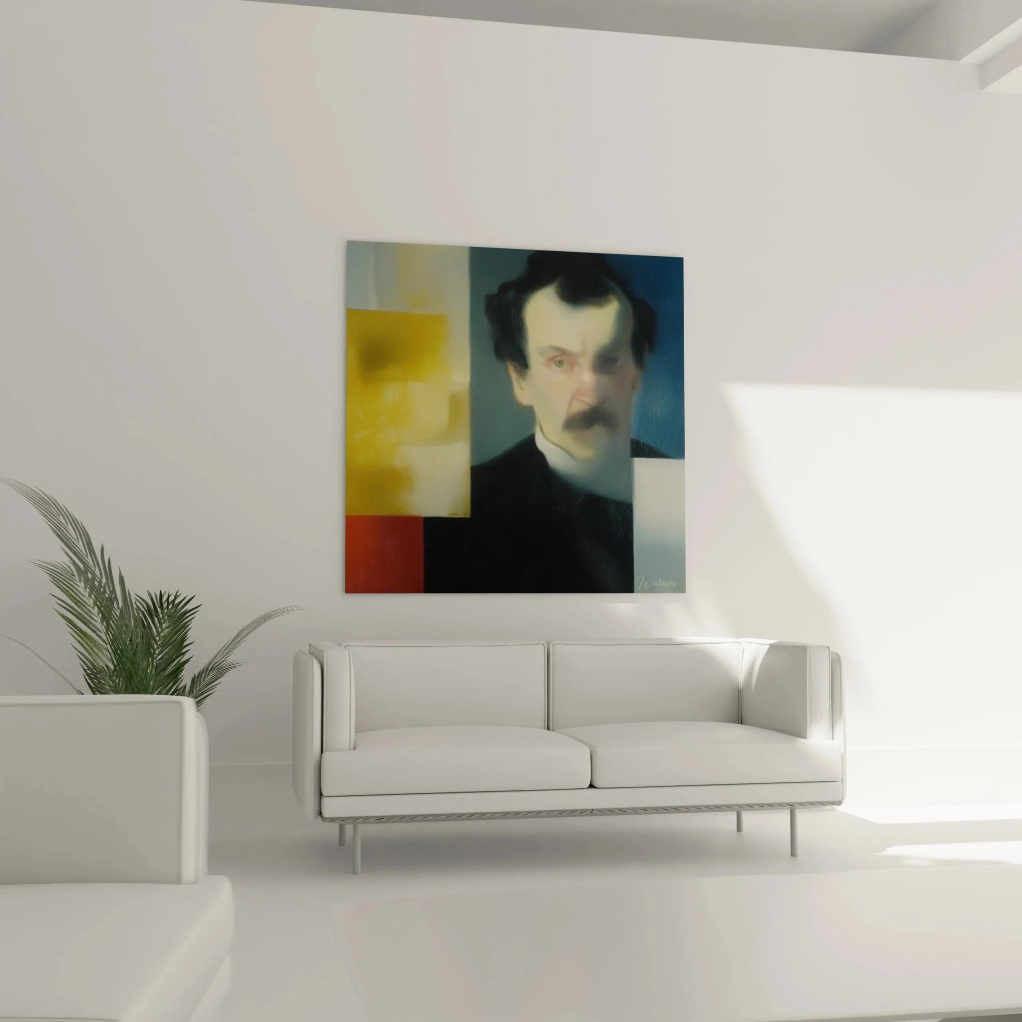 Detailansicht Wandbild Lincoln Portrait mit dadaistischen Farbfeldern und Geometrie