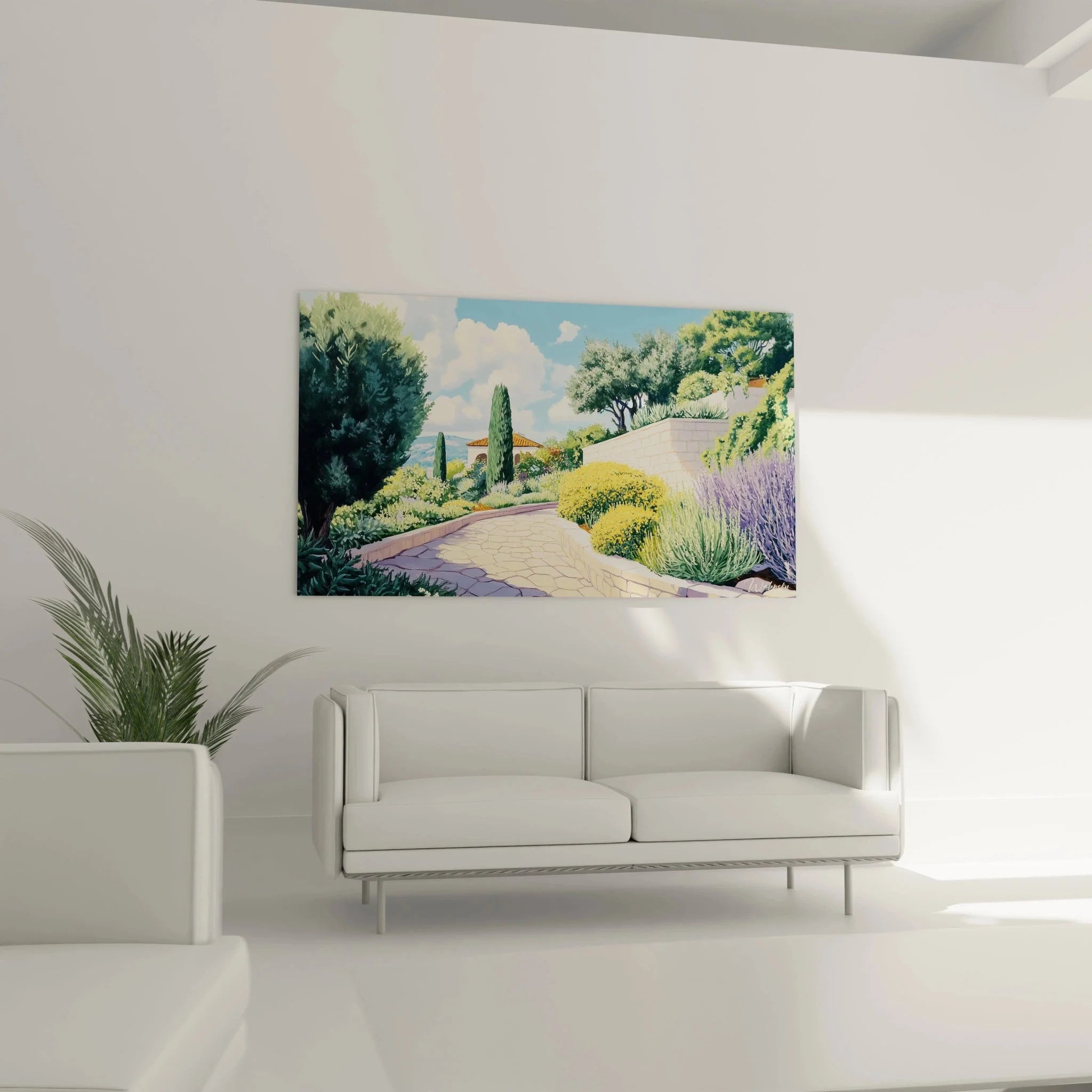 Detailansicht Wandbild toskanischer Garten mit gepflastertem Weg und Mittelmeervegetation