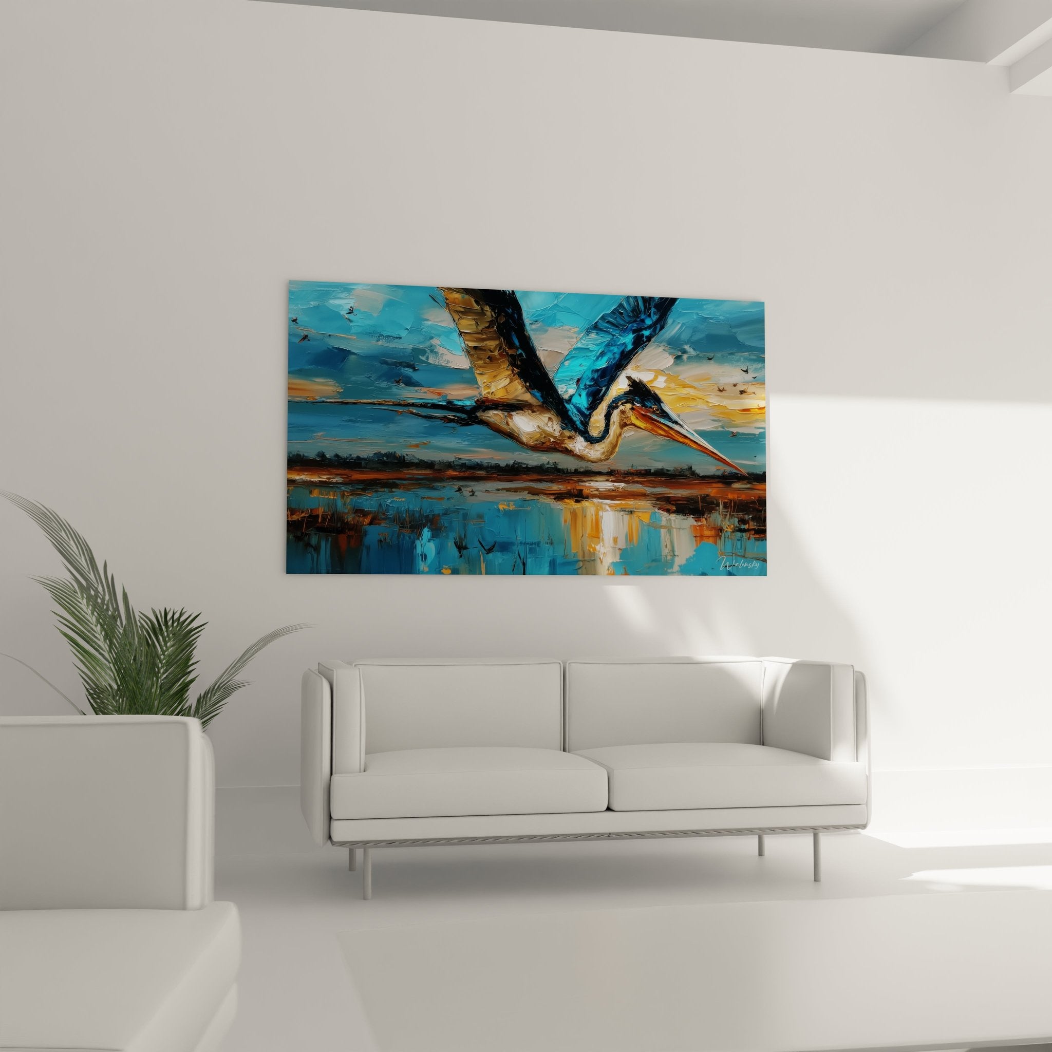 Detailaufnahme des Reiher-Wandbildes zeigt kunstvolle Maltechnik und lebendige Farbgestaltung