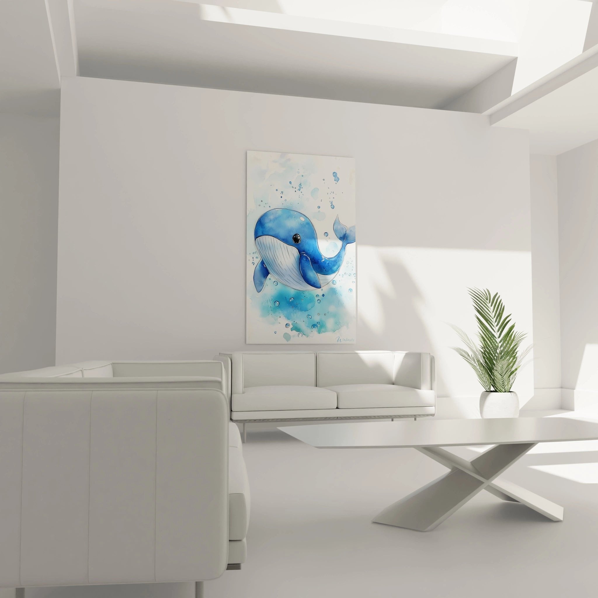 Nahaufnahme Blauwal Wandbild zeigt Details der Aquarelltechnik und liebevolle Gestaltung des Meeresriesen