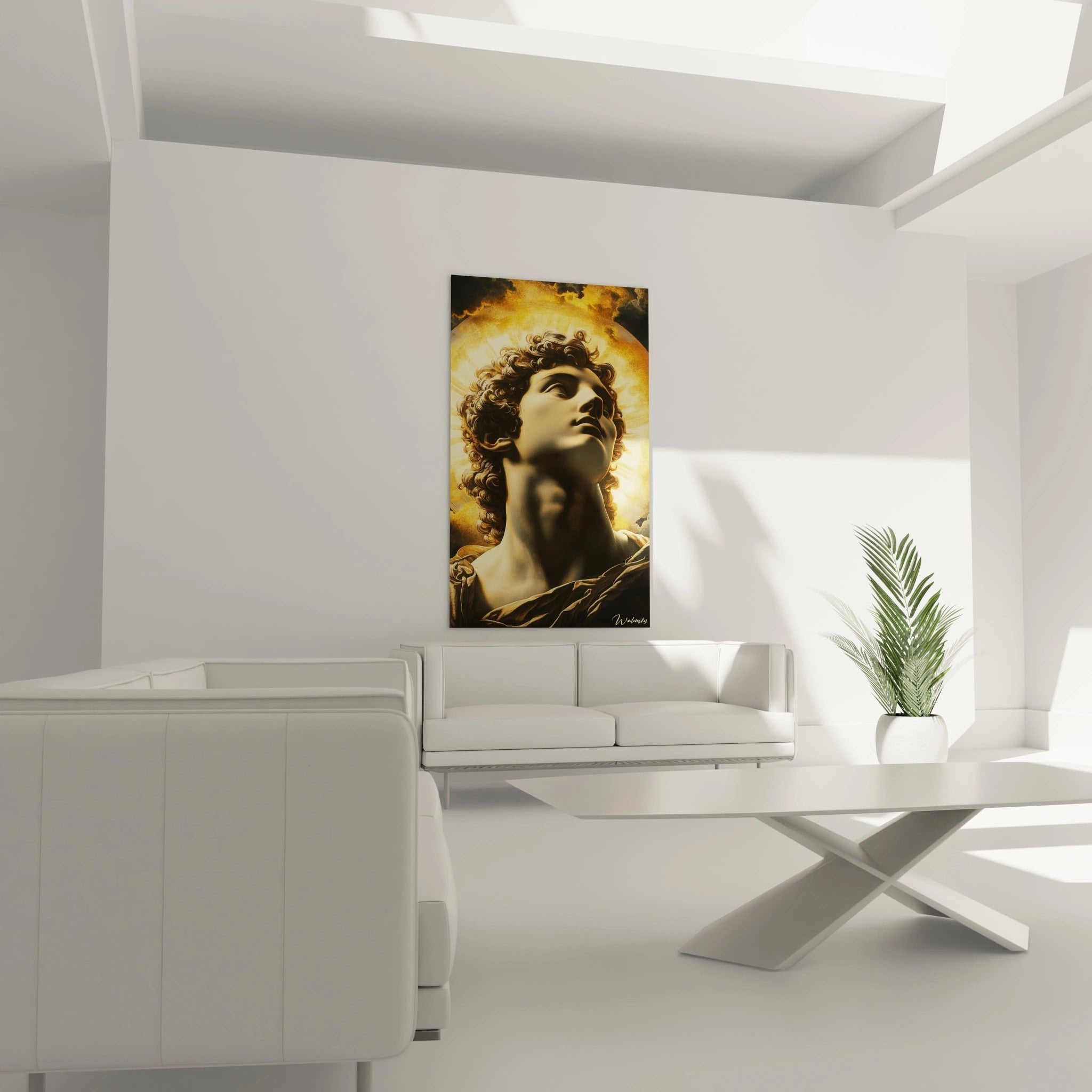 Nahaufnahme des Apollo Wandbildes zeigt detailreiche Gesichtszüge und goldene Lichteffekte