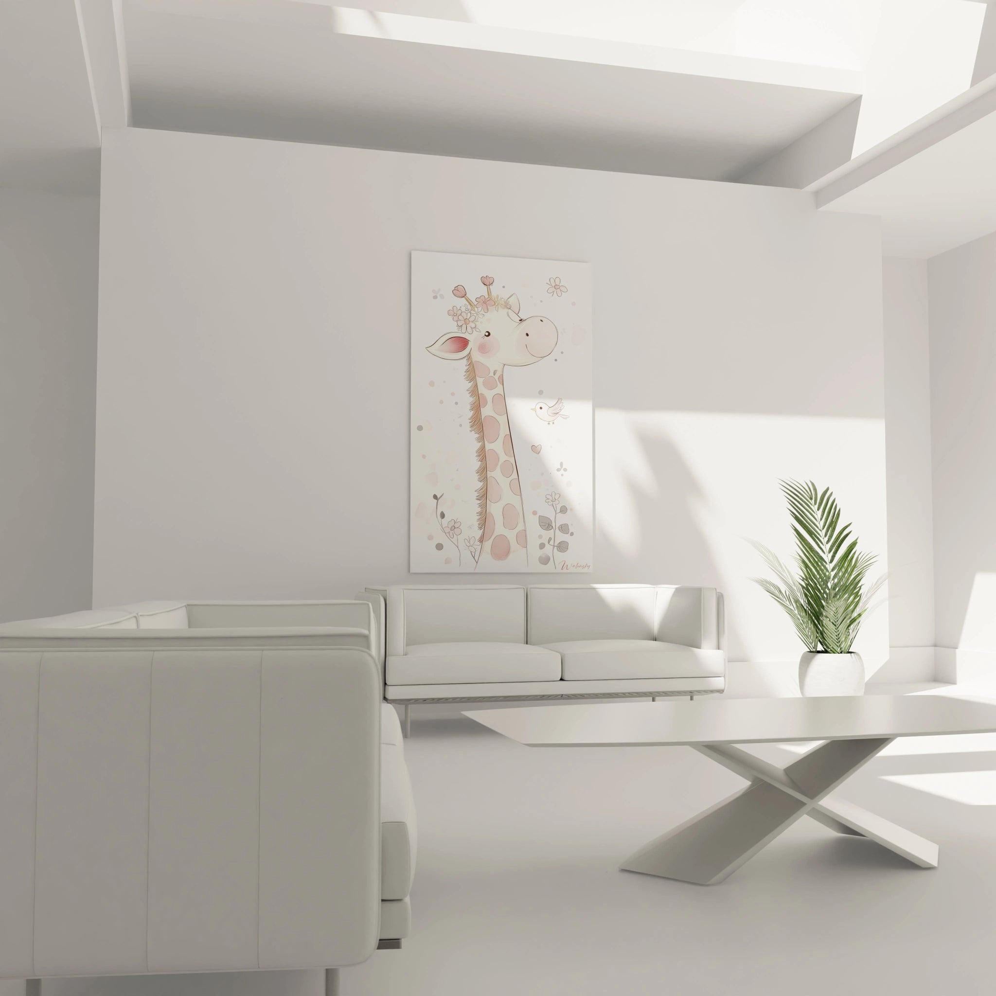 Nahaufnahme der liebevoll gestalteten Giraffe mit Blumenkrone und zarten Rosa-Tönen