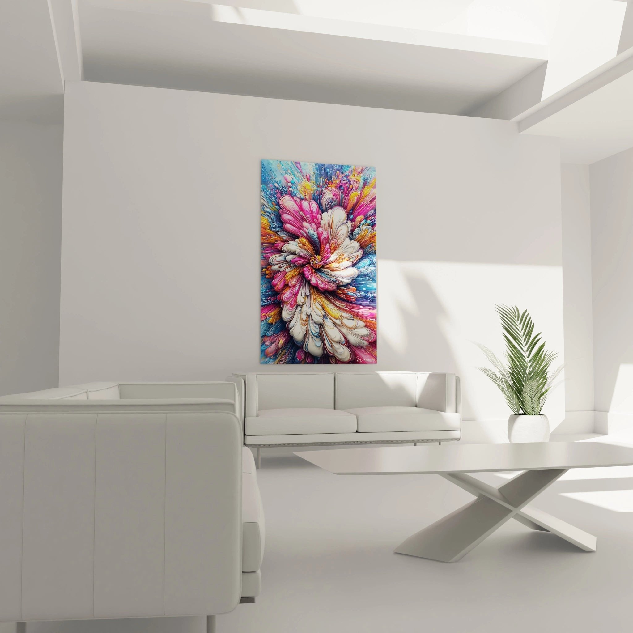 Nahaufnahme der abstrakten Blüte mit detailreichen Farbwirbeln und organischen Strukturen