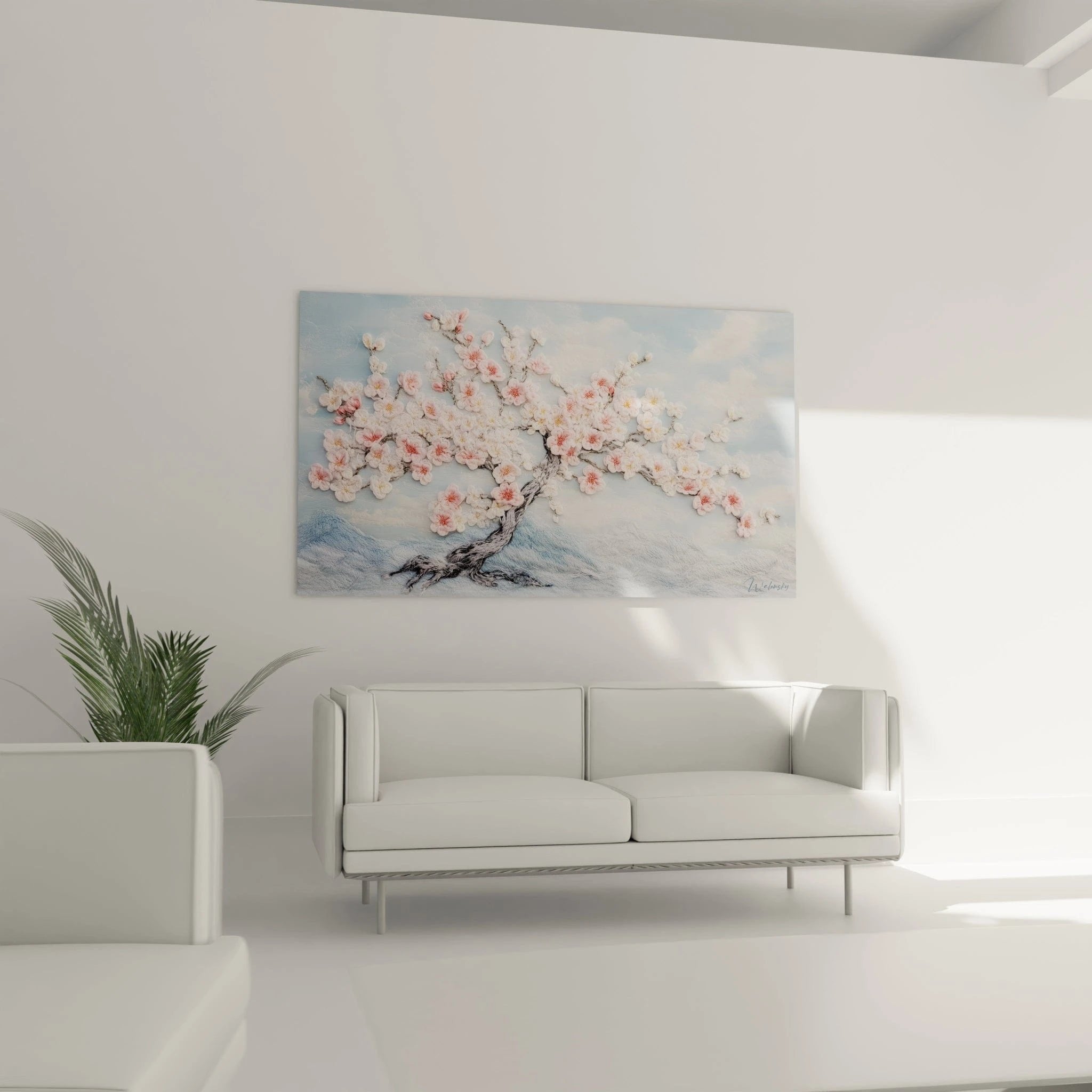 Nahaufnahme Häkeloptik Kirschblüten, detailreiche rosa-weiße Blüten mit dreidimensionaler Textilstruktur