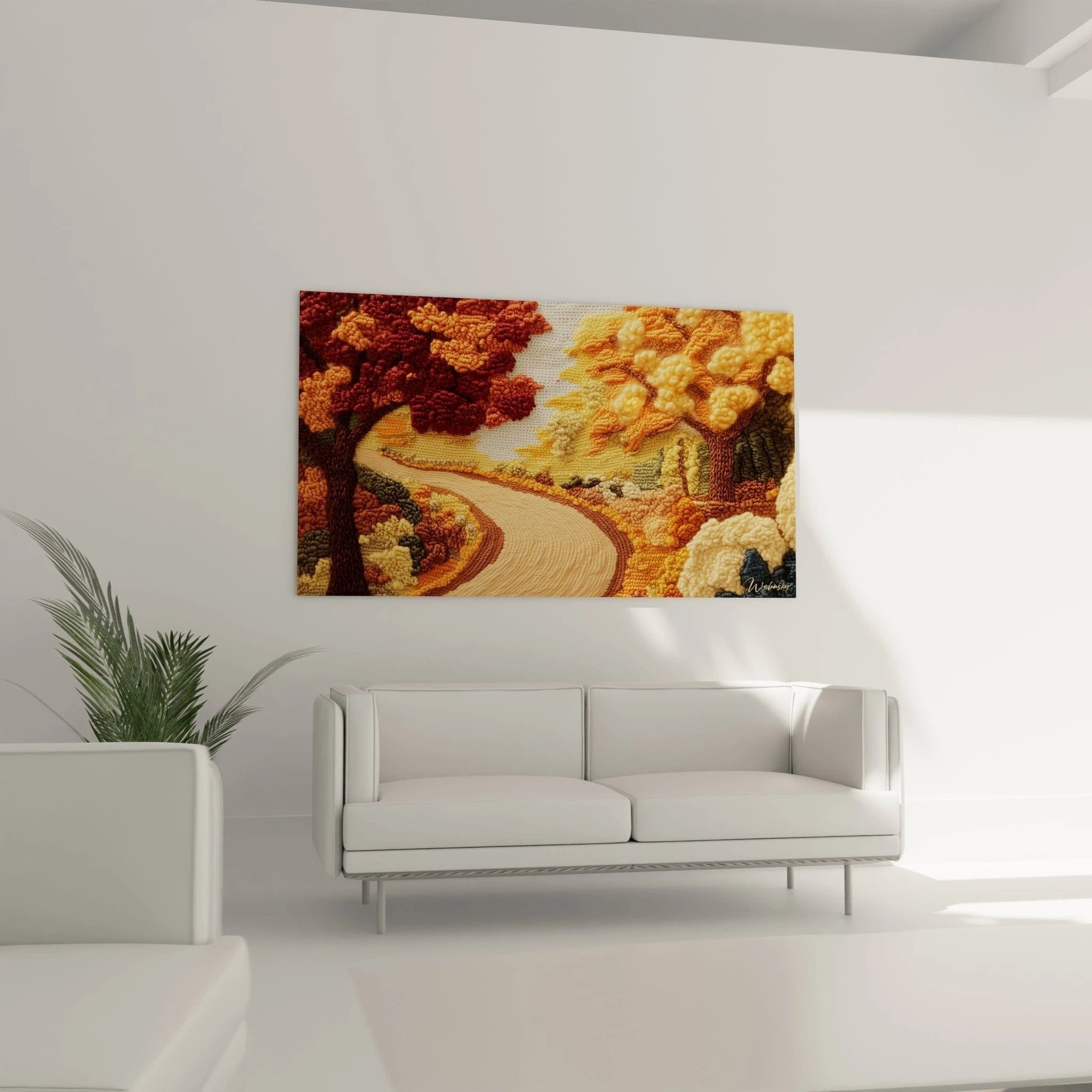 Nahaufnahme der Häkeloptik Textur mit dreidimensionalen Herbstbäumen in Orange und Bordeauxrot