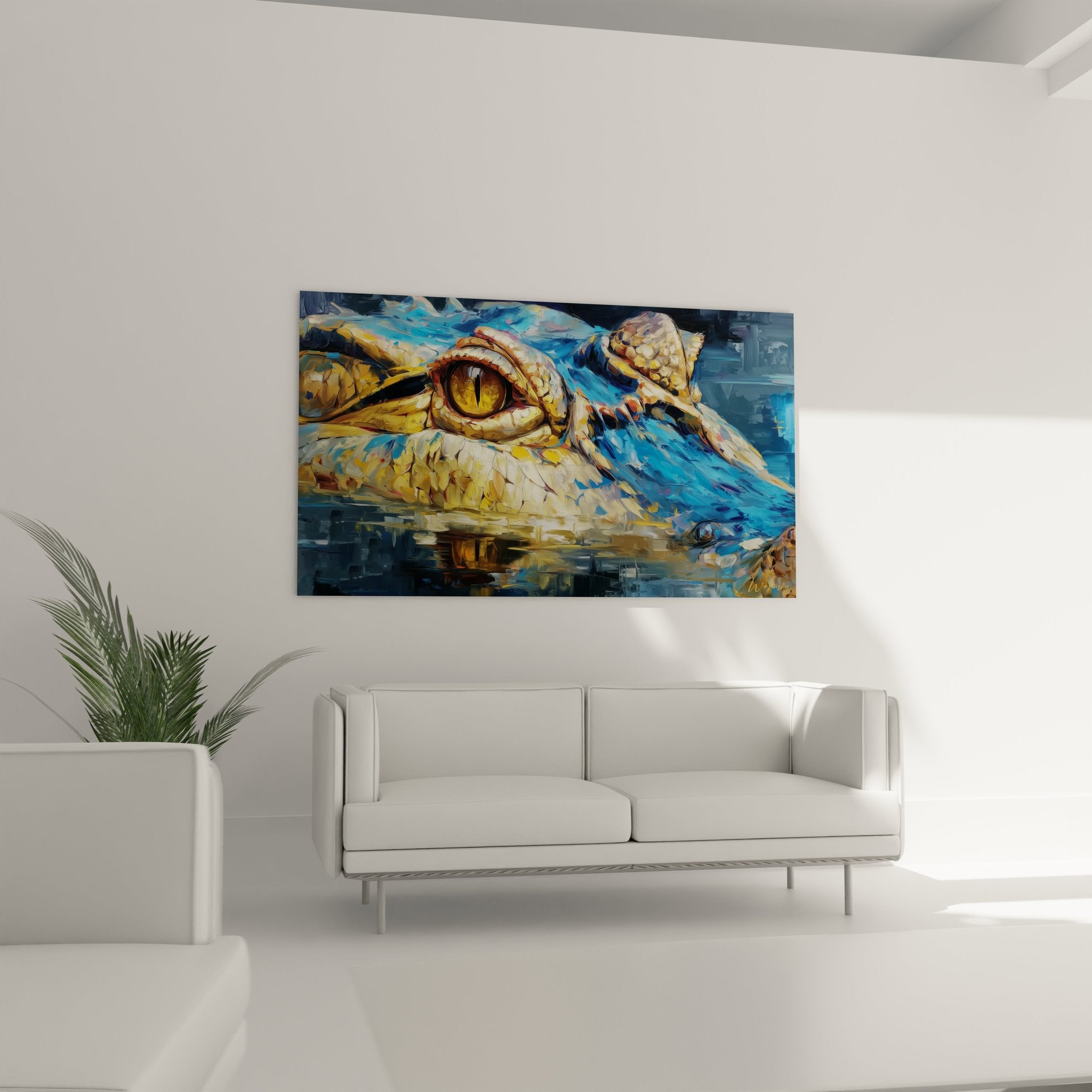 Detailaufnahme des Krokodil Wandbildes zeigt kunstvolle Schuppen und hypnotisierende goldene Augen