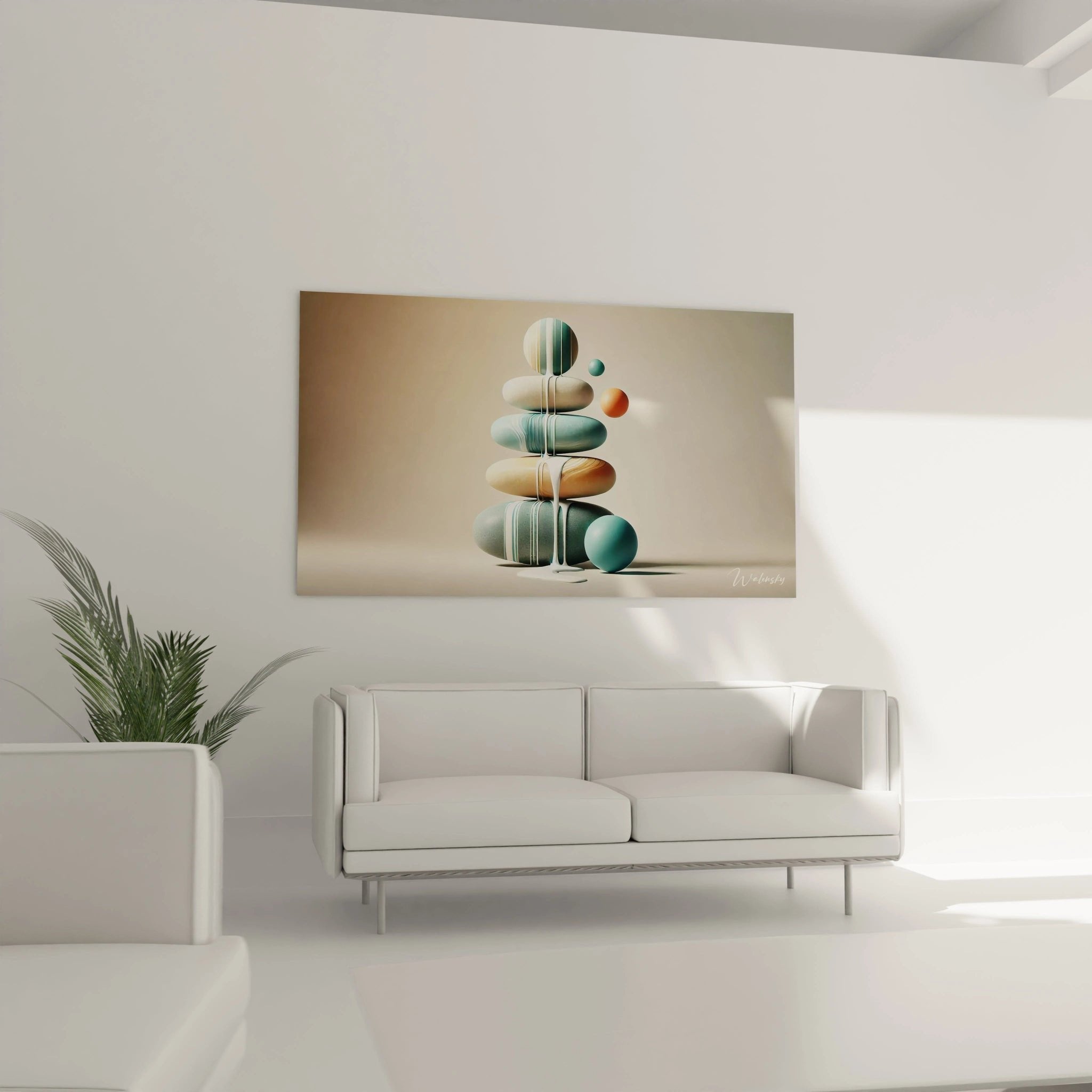 Detailansicht Zen-Steine Wandbild - kunstvolle Steinbalance mit Wasserstrahl und schwebenden Elementen in Erdtönen