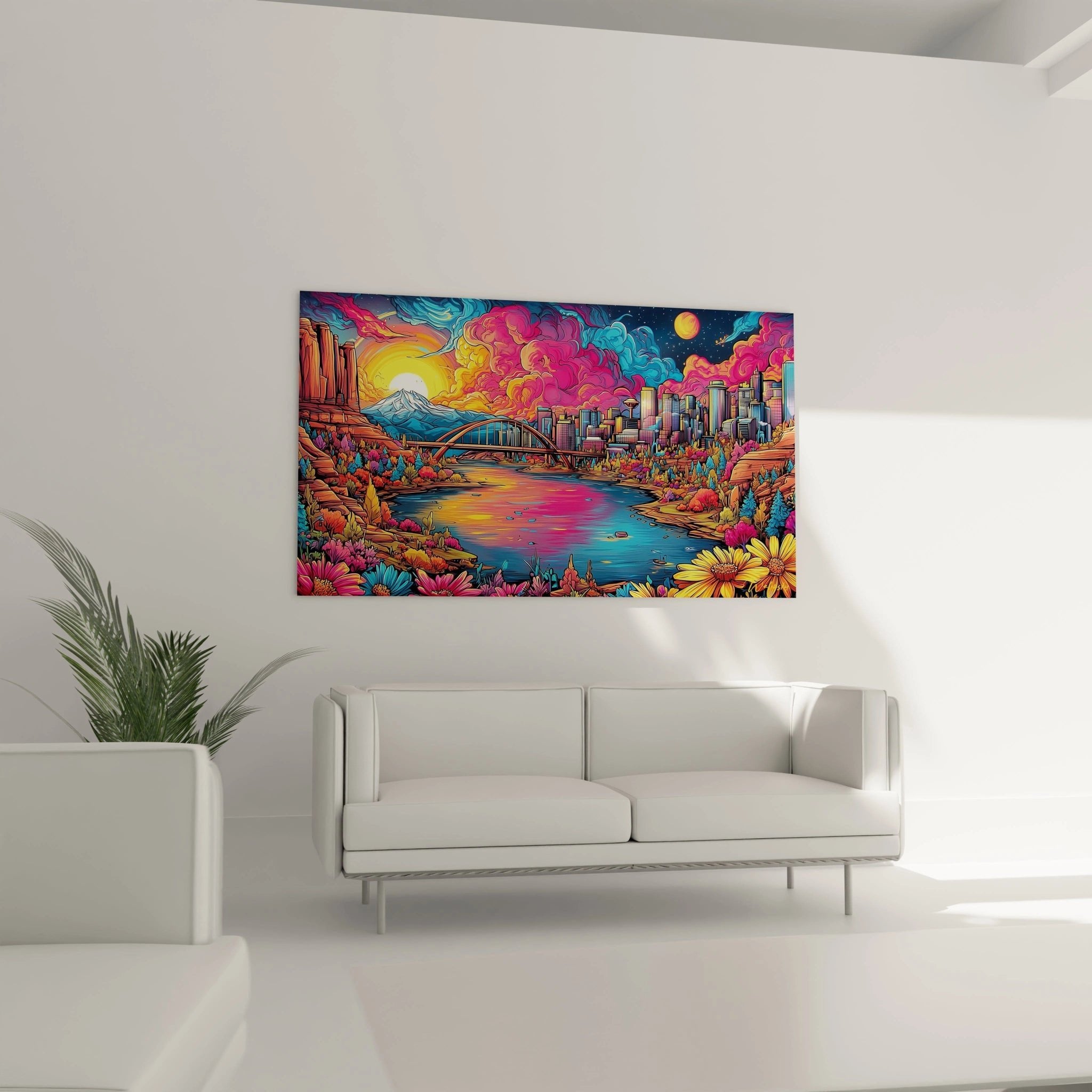 Nahaufnahme Wandbild mit detailreichen Blumen und reflektierendem Wasser der Stadtlandschaft