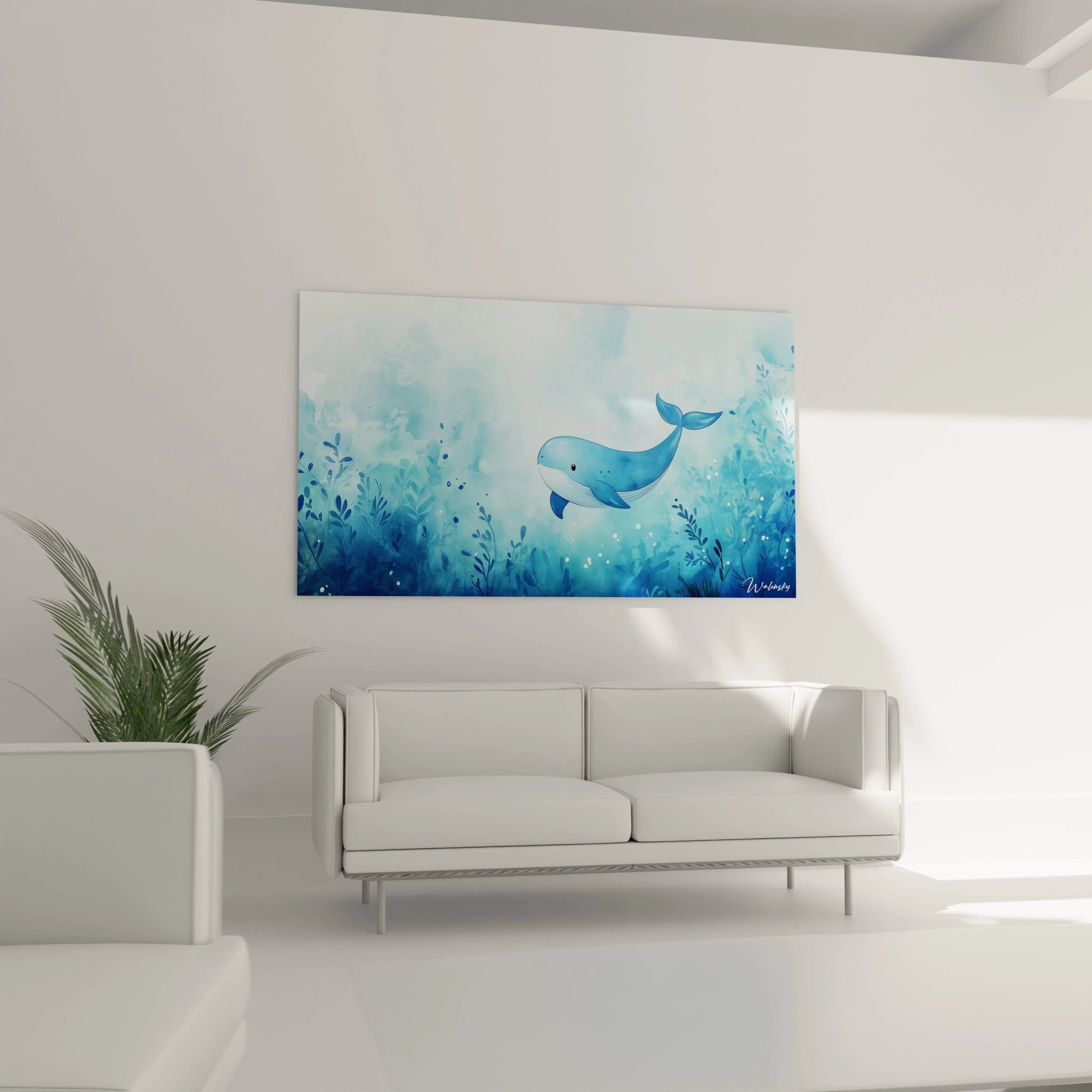 Detailaufnahme des Wal Wandbildes mit Aquarell-Textur und Unterwasserpflanzen in Blautönen