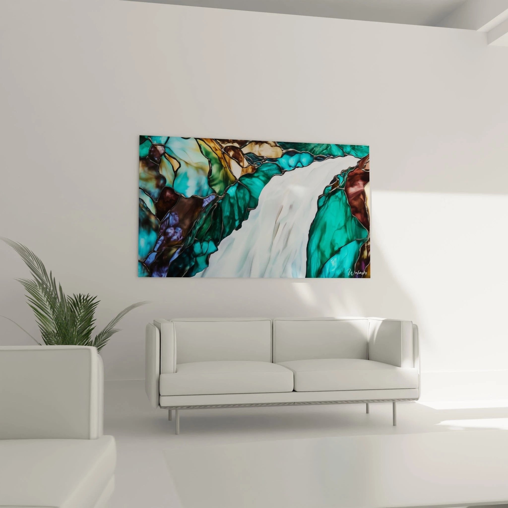 Nahaufnahme des Wandbildes zeigt detaillierte Glasmalerei-Struktur mit leuchtenden Smaragd- und Goldtönen