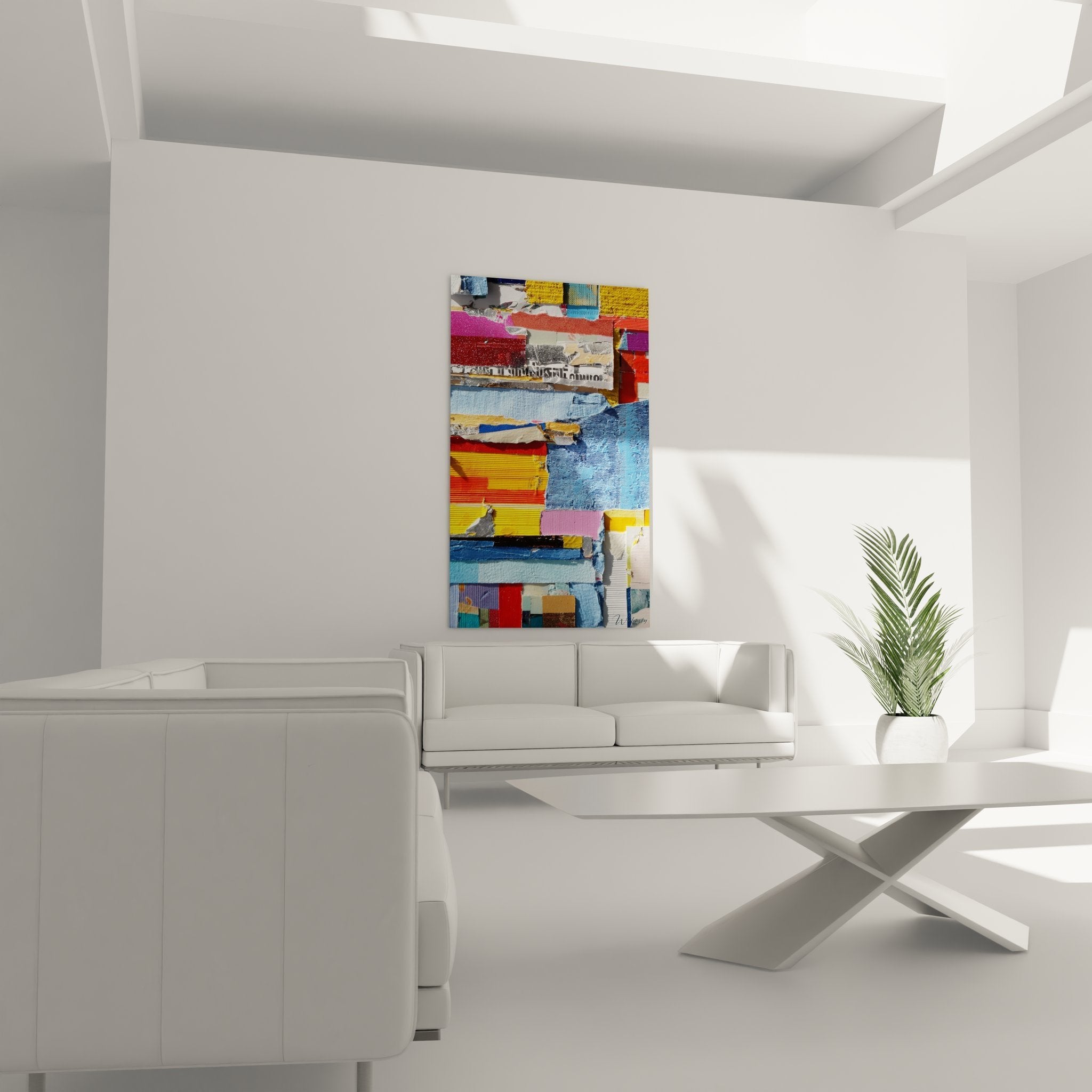 Detailansicht der Materialcollage mit sichtbaren Texturen, Papierfragmenten und Stoffelementen