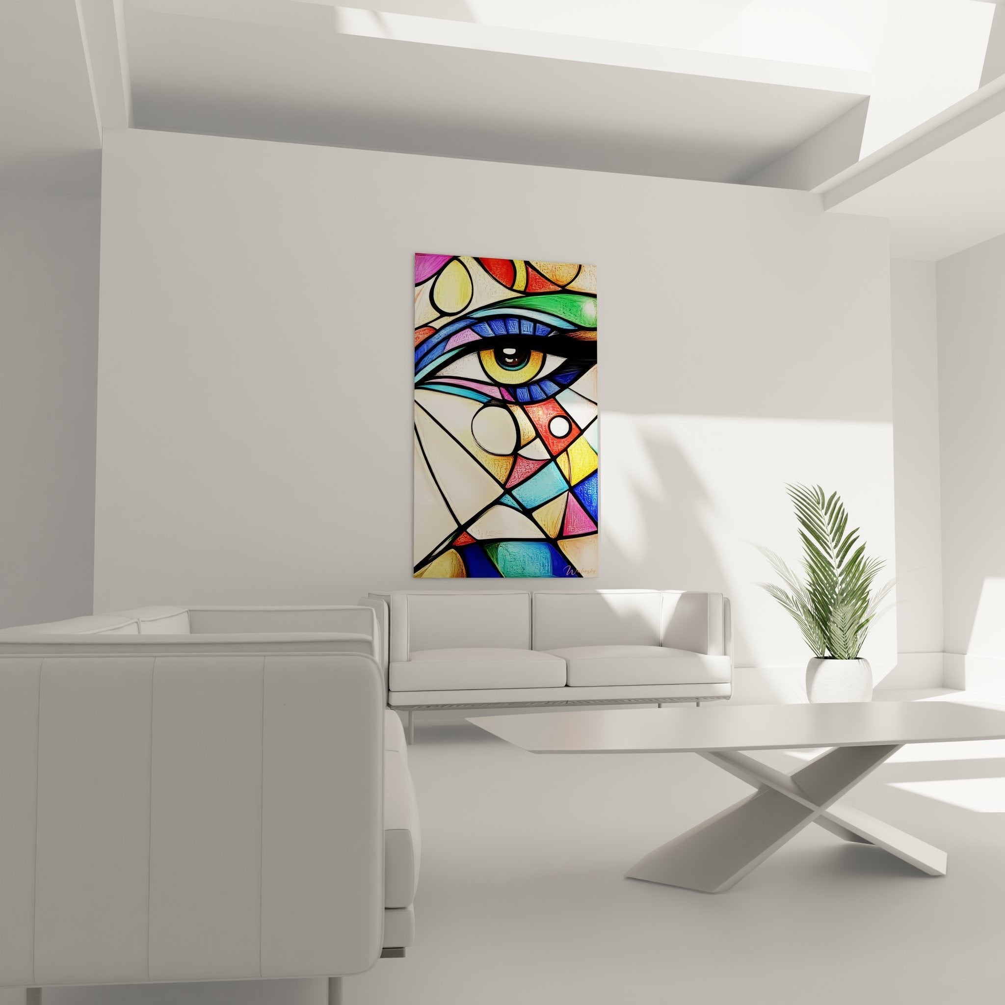 Detailansicht des Wandbildes zeigt kunstvolle Glasmalerei-Textur mit farbigen Segmenten und schwarzen Konturen