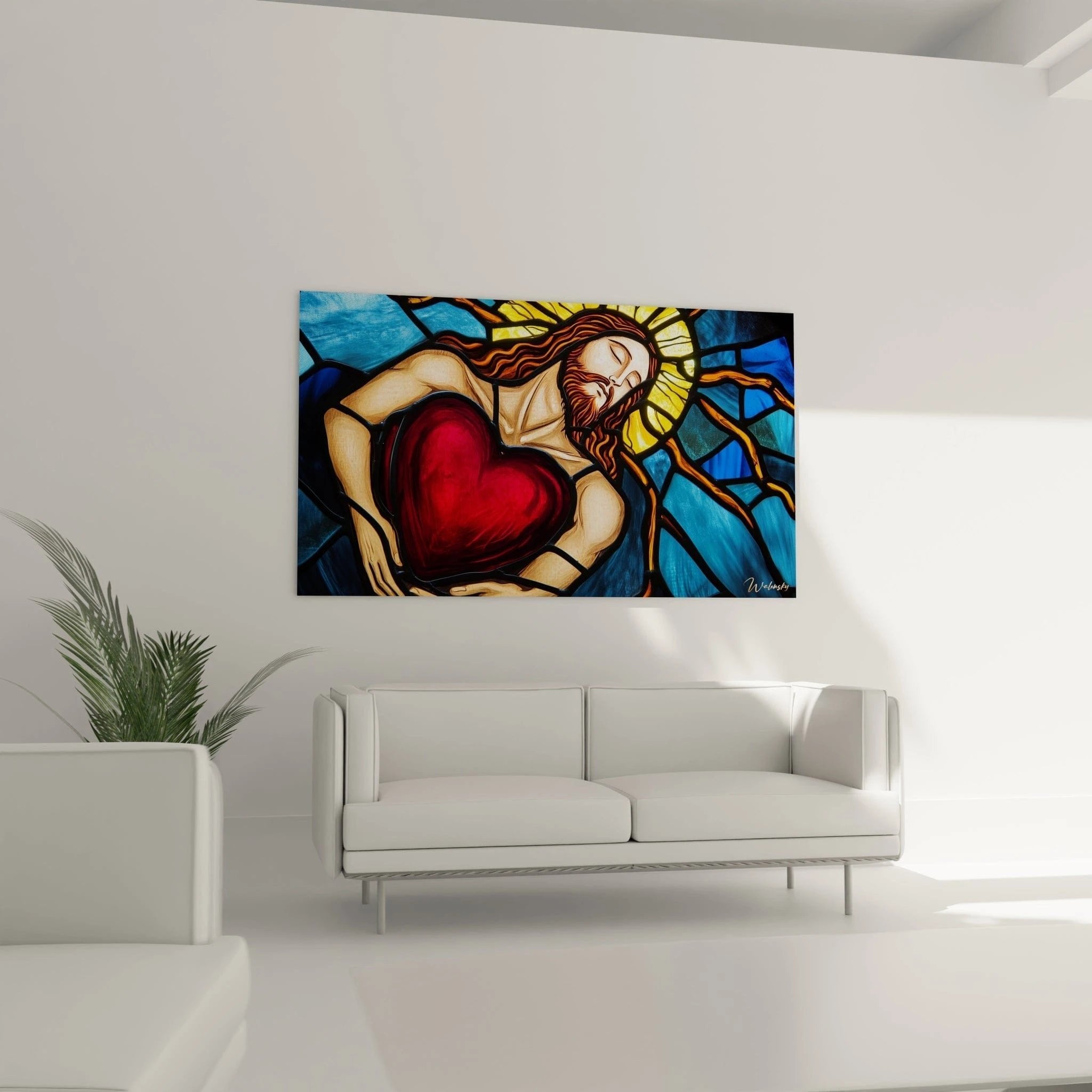 Detailansicht des leuchtend roten Herzens und der ausdrucksstarken Gesichtszüge im Glasmalerei-Stil