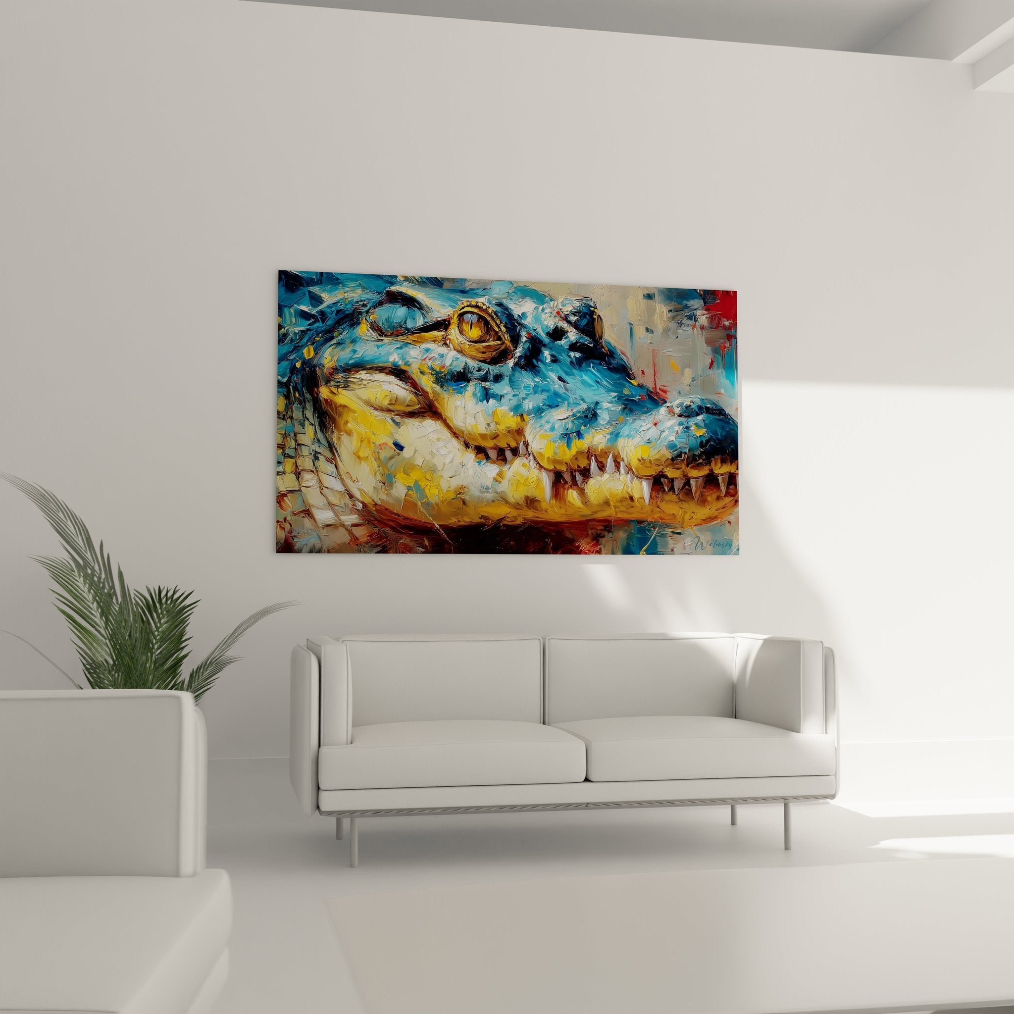 Detailaufnahme des expressionistischen Krokodil-Wandbildes zeigt intensive Farbgebung und Pinselstruktur