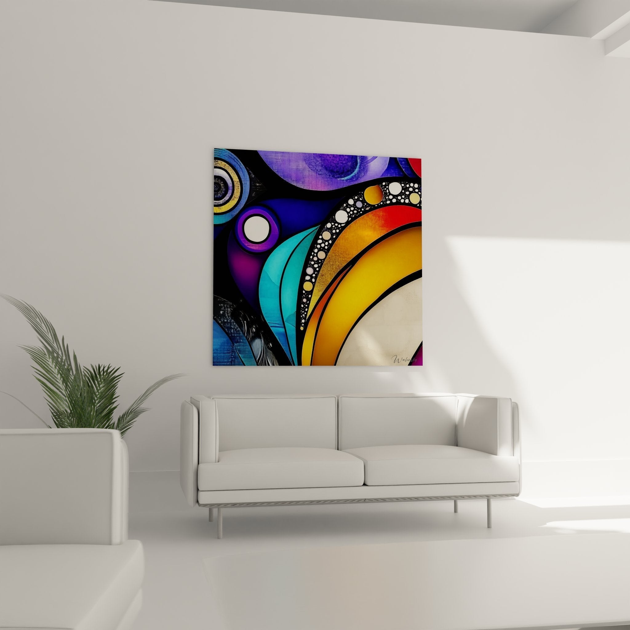 Detailansicht des abstrakten Wandbildes zeigt Glasmalerei-Optik mit goldenen Punkten und Farbverläufen