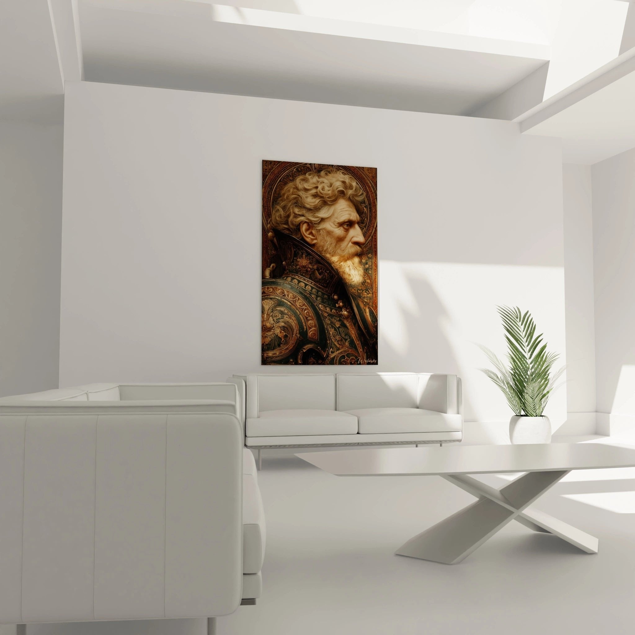 Detailaufnahme des Alexander Porträts mit kunstvollen goldenen Ornamenten und reich verzierter antiker Rüstung